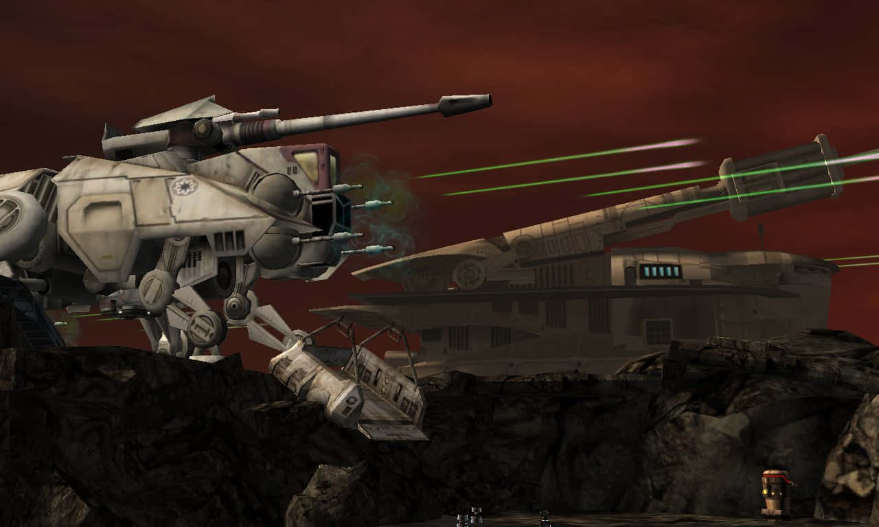 Republic Commando 桌布 壁紙 — 兩個戰鬥機器人在血紅色的天空下，向岩石密布的外星景觀發射綠色雷射。