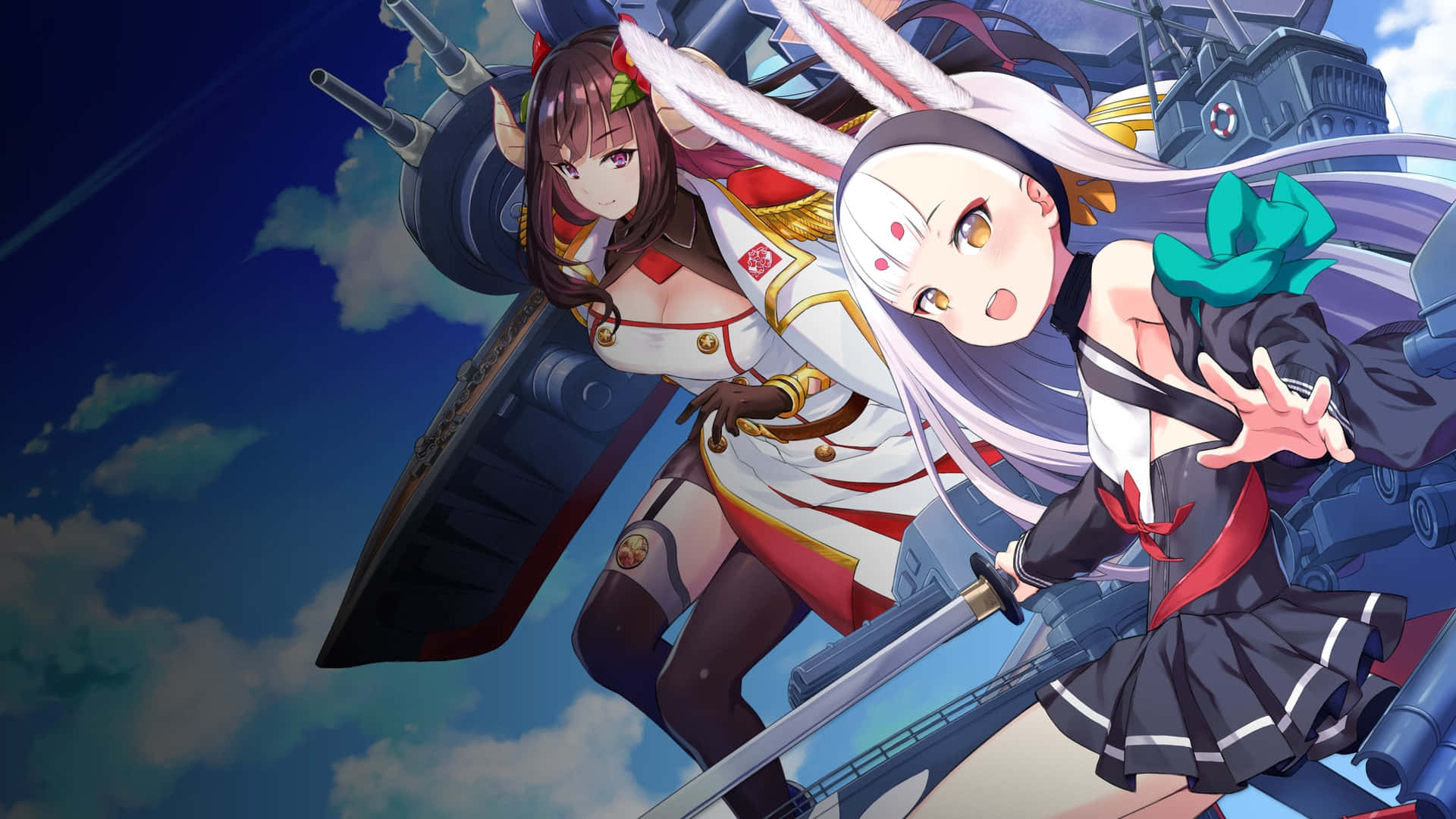 Anime Gaming 桌布 壁紙 — 兩個戴兔耳穿海軍制服的動漫女孩在戰艦剪影的多雲天空下動態擺姿勢。