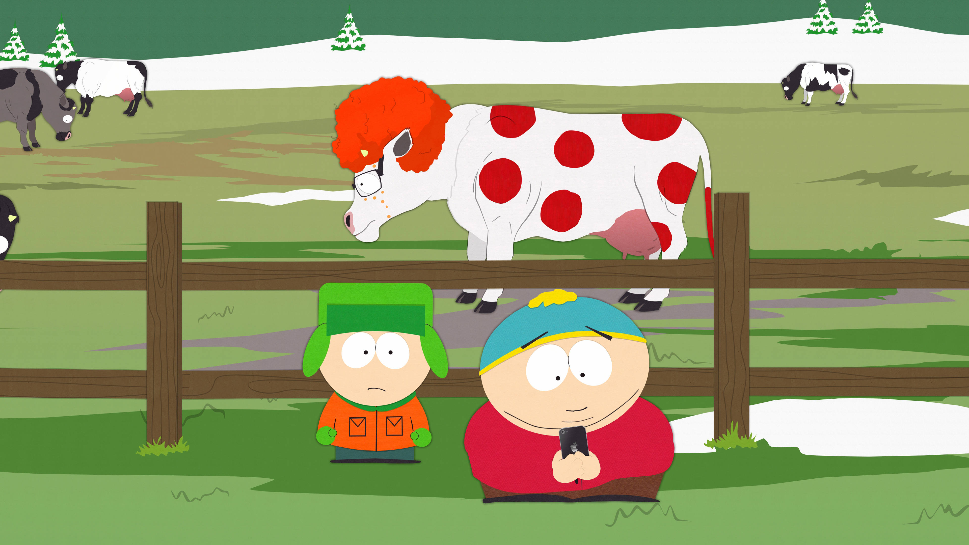 Kyle Broflovski 桌布 壁紙 — 兩個戴冬帽的卡通男孩站在籬笆旁，看著雪地牧場中一頭有紅色斑點的牛，還有其他牛和常青樹。