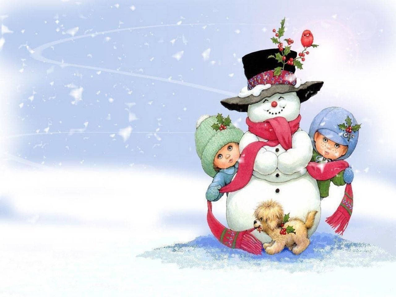 雪人 桌布 壁紙 — 兩個戴冬帽的孩子擁抱一個裝飾著冬青和紅鳥的雪人，一隻小狗在附近飄雪中休息。