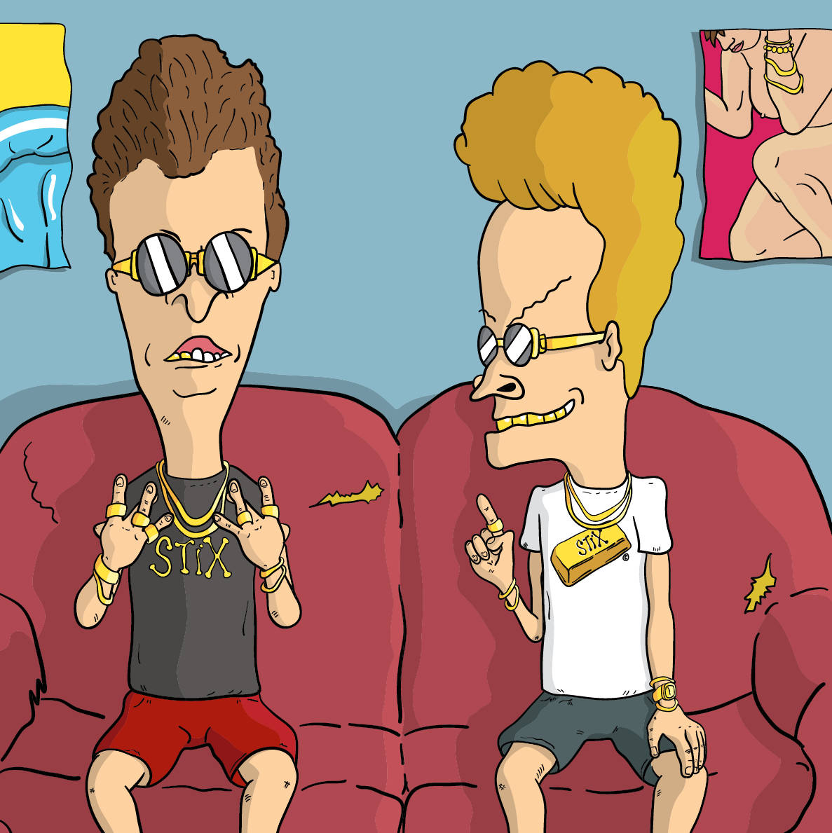Beavis 桌布 壁紙 — 兩個戴太陽眼鏡和金鏈的卡通男人坐在一張破舊的紅色沙發上做手勢。