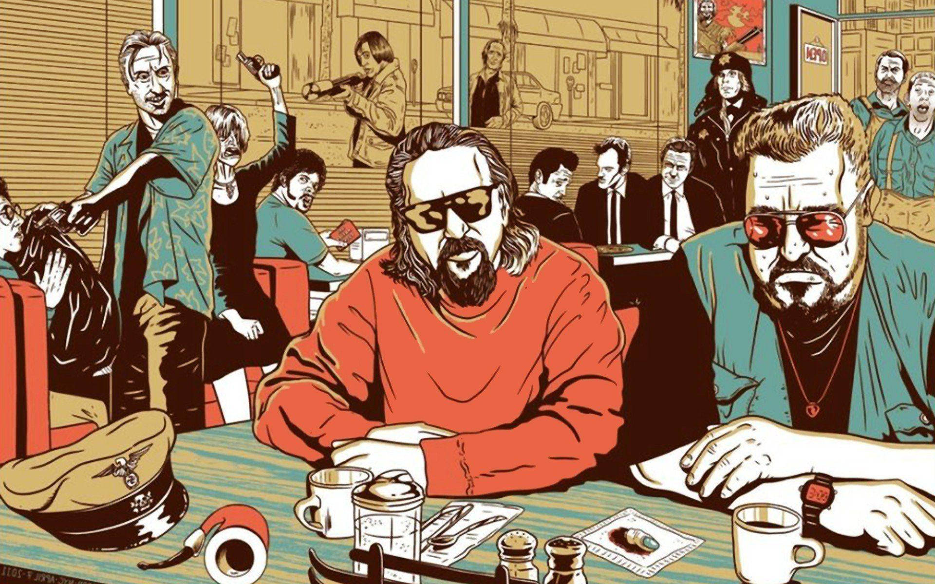 graphic art 桌布 壁紙 — 兩個戴太陽眼鏡的男人坐在咖啡桌旁，周圍是混亂的顧客，以風格化插圖呈現。