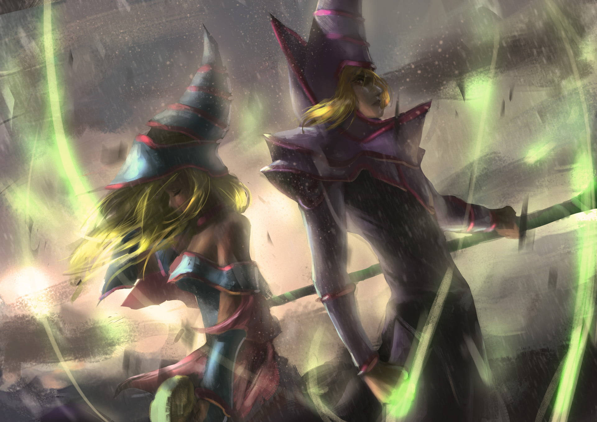 Yu Gi Oh 桌布 壁紙 — 兩個戴尖帽的動漫風格女巫，在暴風雨般動態的戰鬥場景中引導發光的綠色魔法。