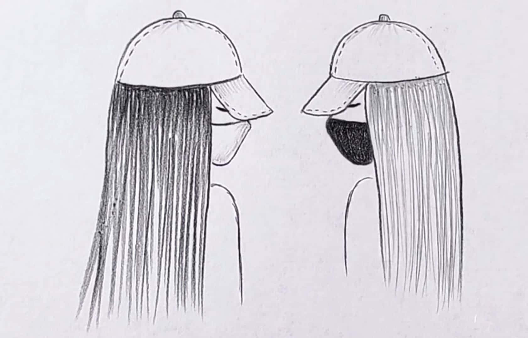 sketch 桌布 壁紙 — 兩個戴帽和口罩的風格化人物，在極簡鉛筆素描中長髮相對。