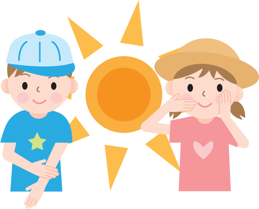 小孩動圖 桌布 壁紙 — 兩個戴帽子的快樂孩子站在一個帶有三角形光線的明亮太陽旁邊，背景為黑色。