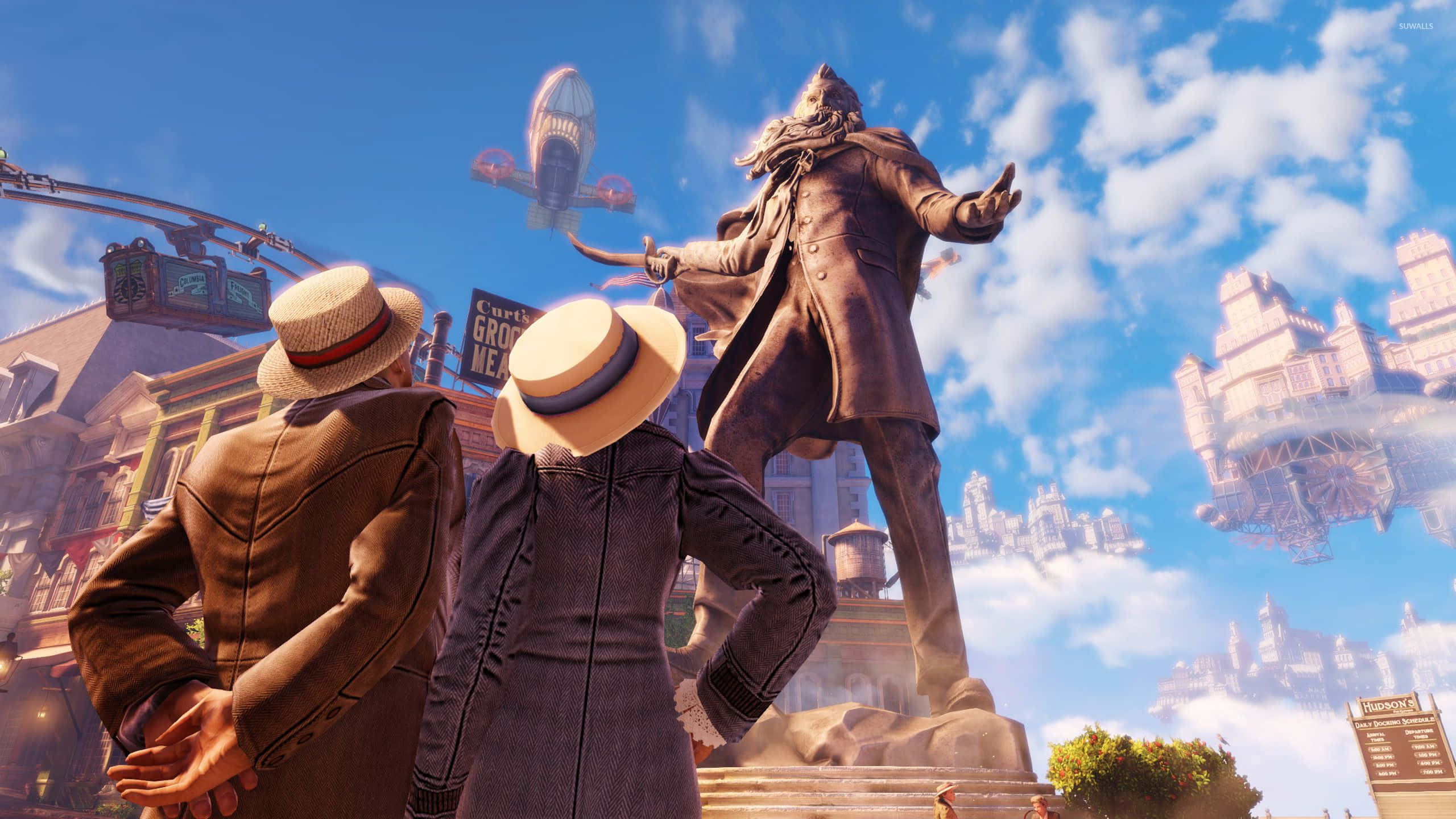 Best Bioshock Infinite 桌布 壁紙 — 兩個戴帽的人物抬頭凝視著一座高聳的雕像，背景是一個充滿活力的蒸氣龐克城市，有漂浮的飛船和雲端摩天大樓。