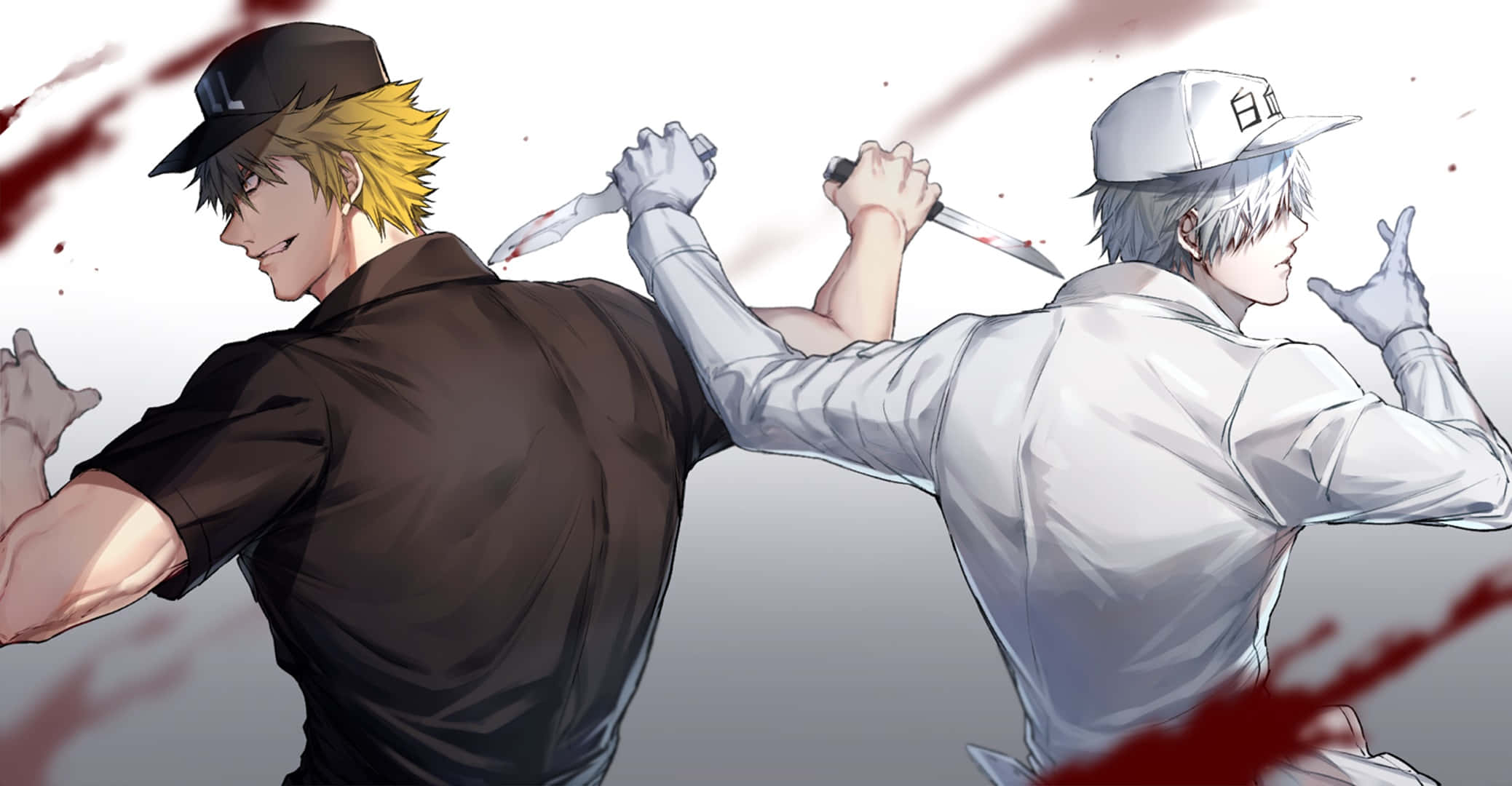 Cells At Work 桌布 壁紙 — 兩個戴帽的動漫男孩在灰色背景上的紅色飛濺中持刀衝突。