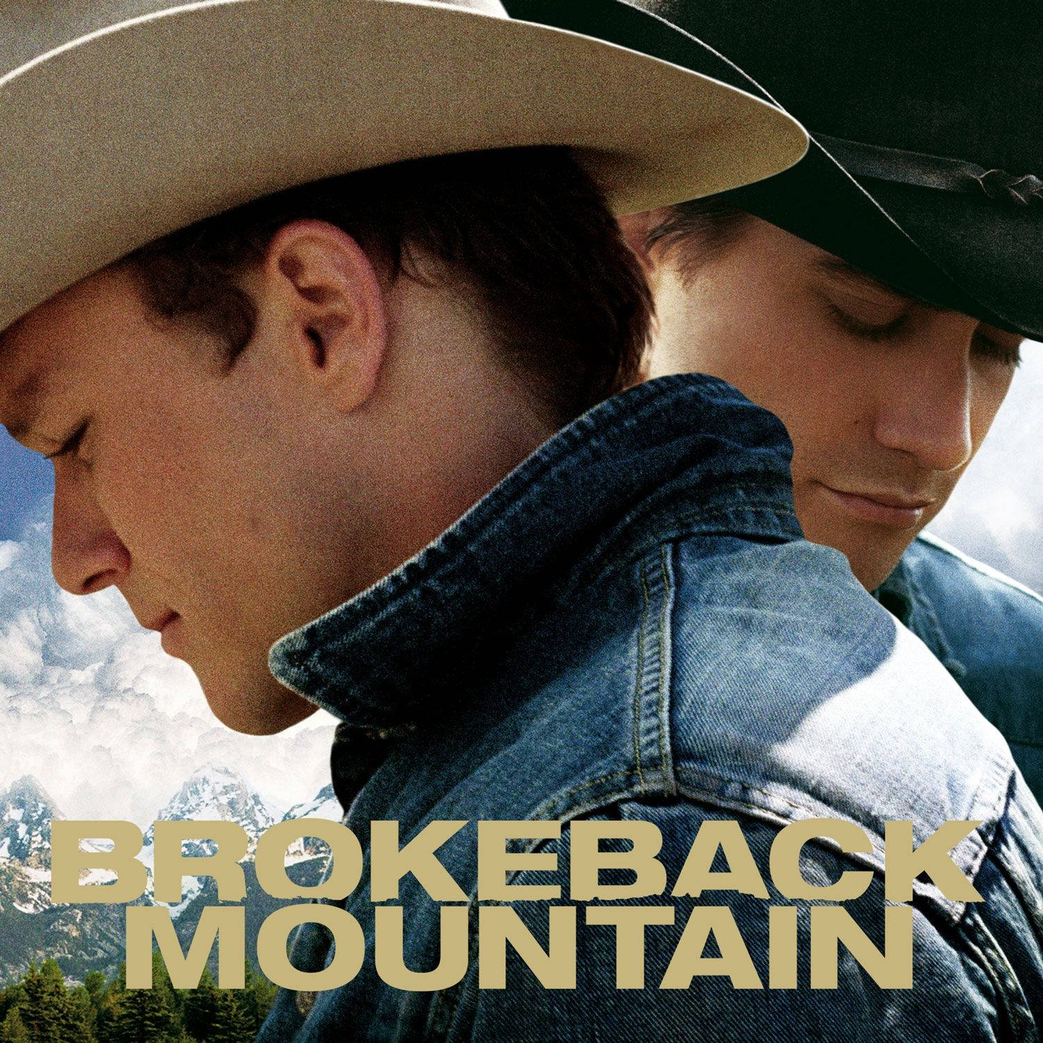 brokeback mountain 桌布 壁紙 — 兩個戴牛仔帽、穿牛仔外套的男人，在白雪覆蓋的山脈和陰天背景下向下凝視。