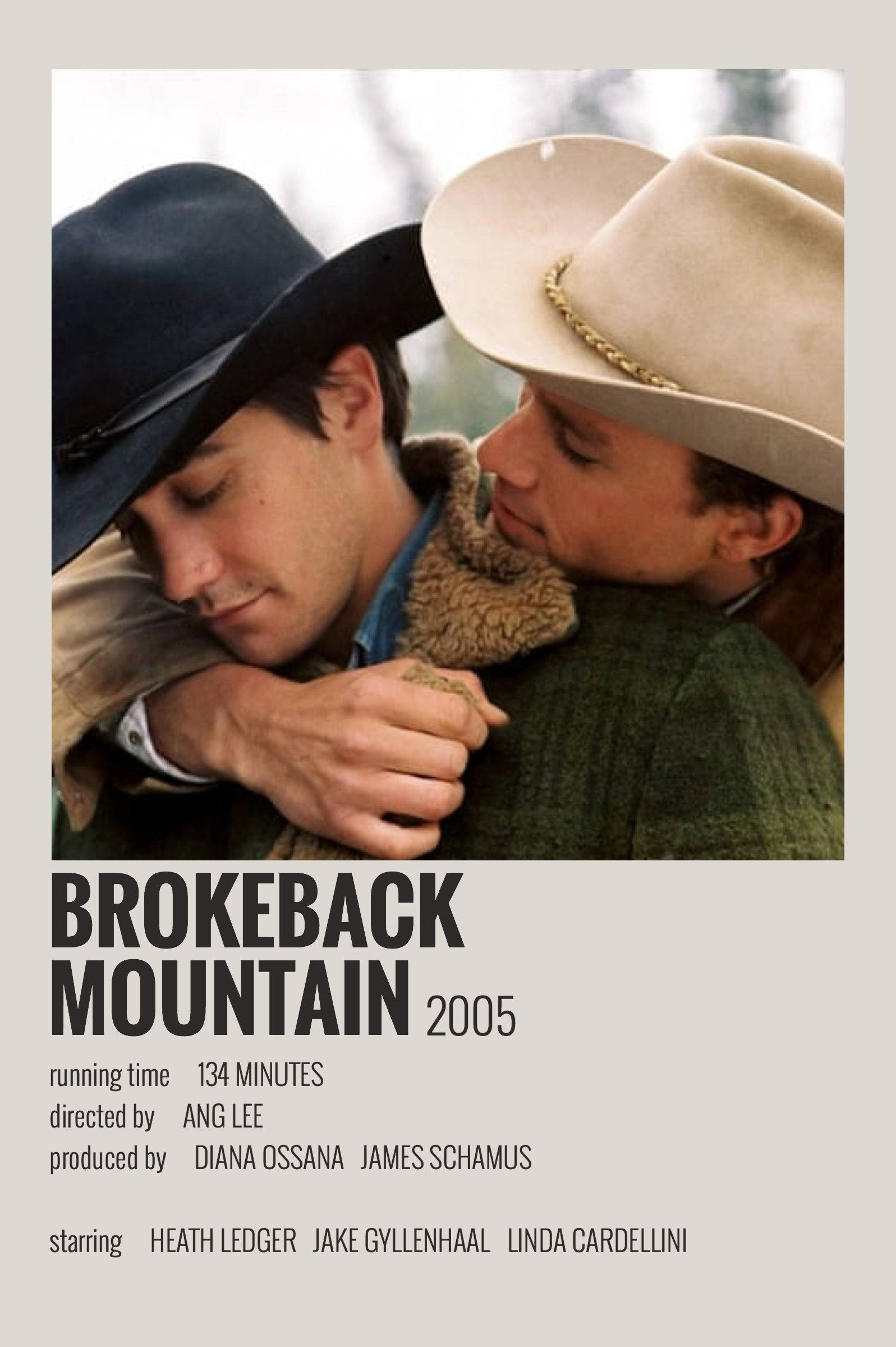 brokeback mountain 桌布 壁紙 — 兩個戴牛仔帽的男人在白雪覆蓋的山脈背景下溫柔擁抱，構成一幅動人的電影海報。
