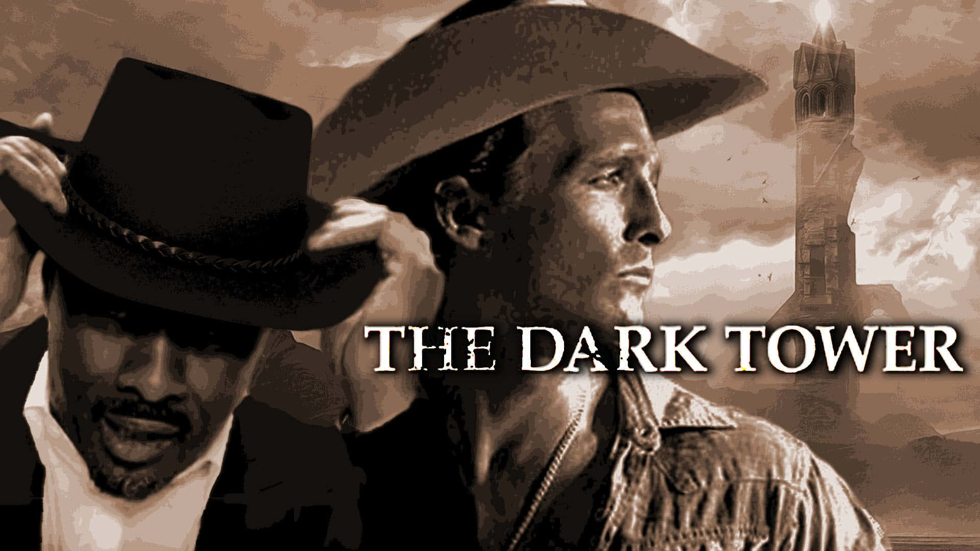 Dark Tower 桌布 壁紙 — 兩個戴牛仔帽的男人站在一座高聳的建築物前，天空多雲，色調呈懷舊棕色，光線充滿戲劇性。