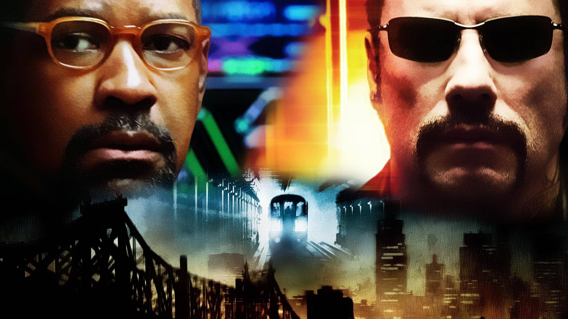 Denzel Washington 桌布 壁紙 — 兩個戴眼鏡和太陽眼鏡的男人，在一個發光的未來城市景觀中，橋上有火車，他們凝視著。