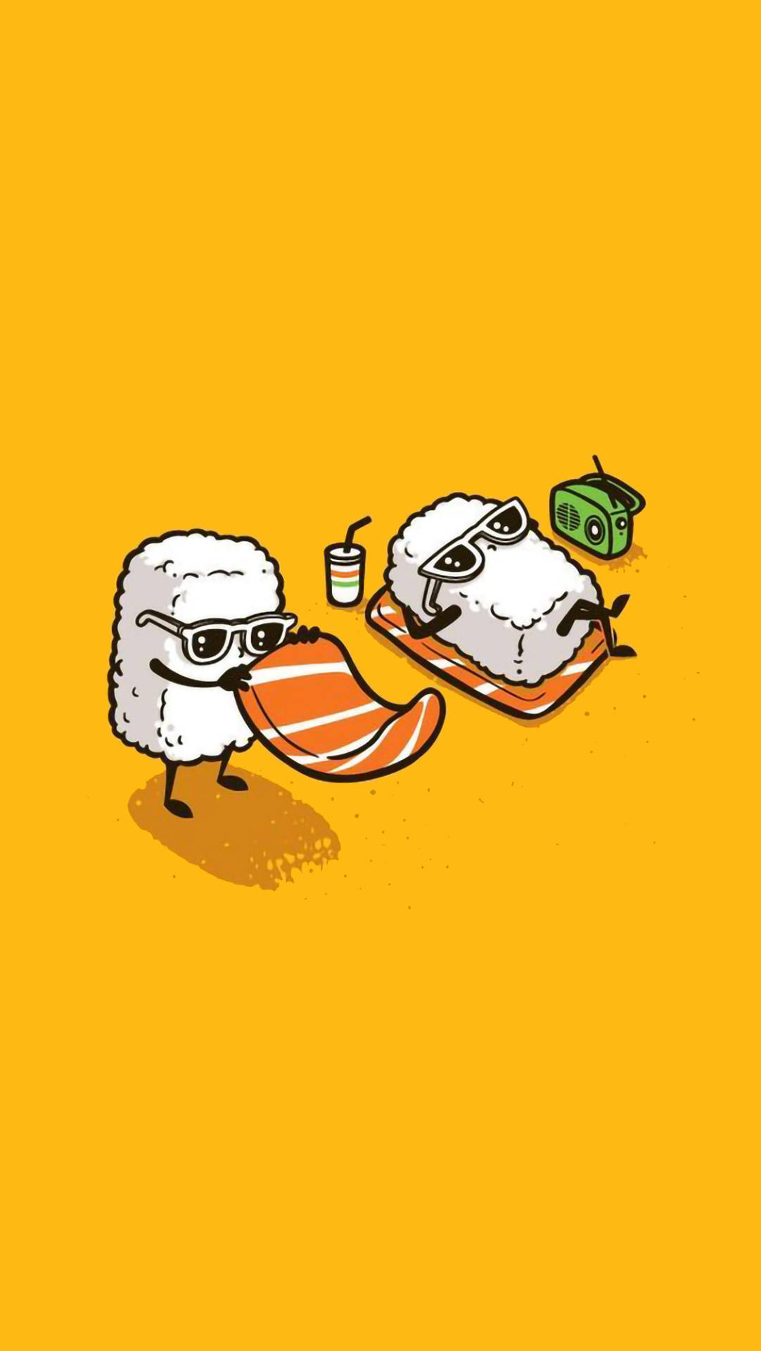 有趣美學GIF 桌布 壁紙 — 兩個戴眼鏡的卡通壽司卷在明亮的黃色背景上放鬆，一個拿著鮭魚片，另一個拿著手提音箱和飲料。