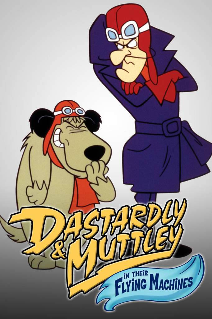 Muttley 桌布 壁紙 — 兩個戴紅色護目鏡、穿紫色服裝的卡通反派，在灰色背景上以粗體黃色標題文字威嚇地站立。