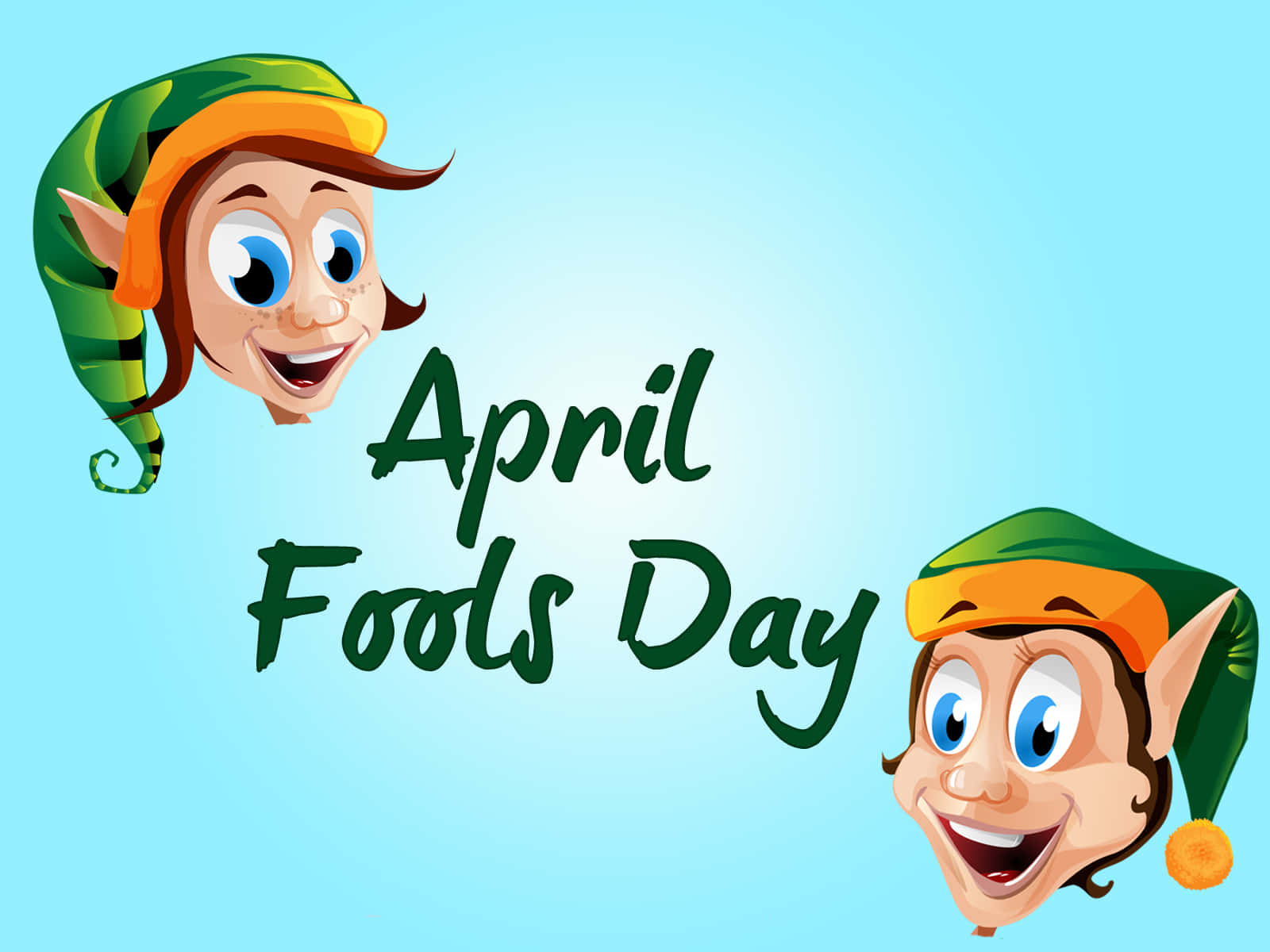 April Fools 桌布 壁紙 — 兩個戴綠色帽子的快樂卡通精靈從兩側窺視，圍繞著淺藍色背景上的「April Fools Day」文字。