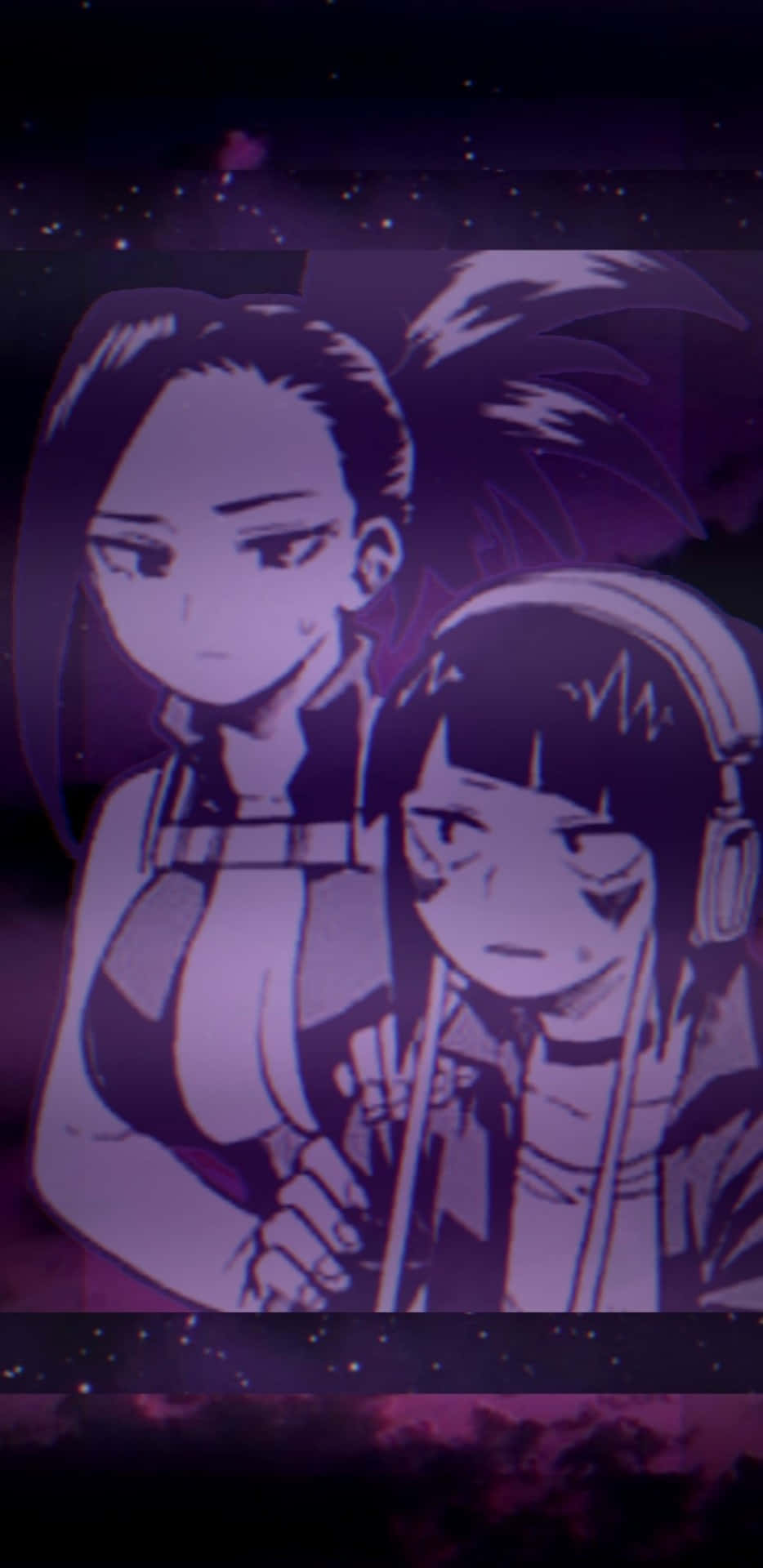 Kyoka Jiro 桌布 壁紙 — 兩個戴耳機的動漫女孩站在繁星點點的紫色夜空下，伴隨著發光的粒子。