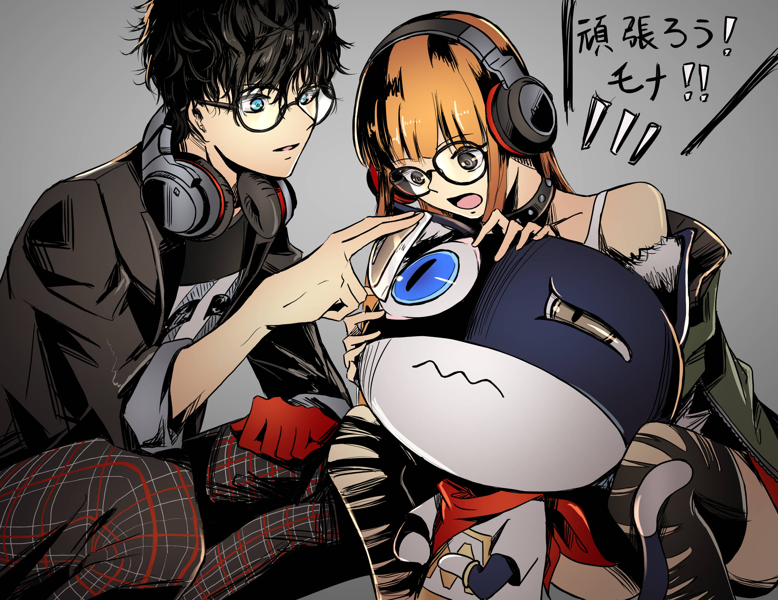 ren amamiya 桌布 壁紙 — 兩個戴耳機的動漫角色在純灰色背景前與毛絨玩具愉快互動。
