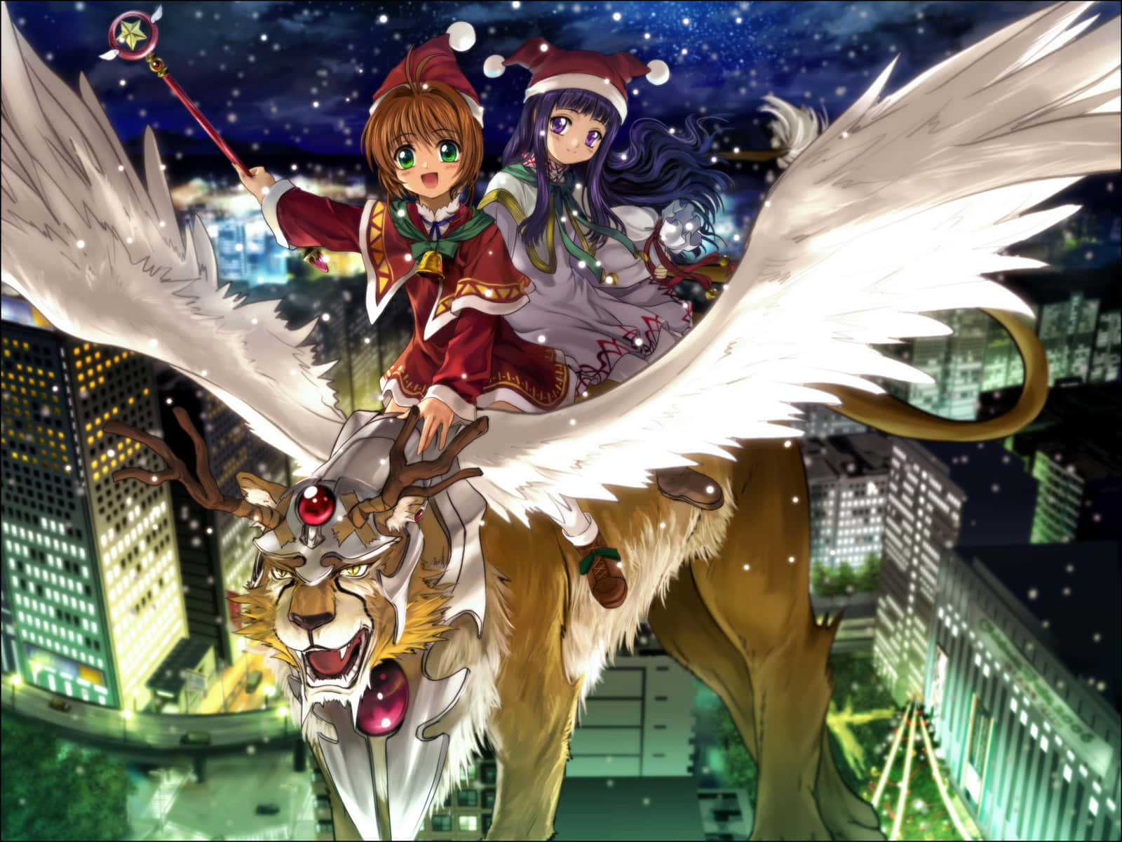 庫洛魔法使 桌布 壁紙 — 兩個戴聖誕帽的動漫女孩騎著有翼馴鹿，在星光燦爛的夜空下飛越發光的城市景觀。