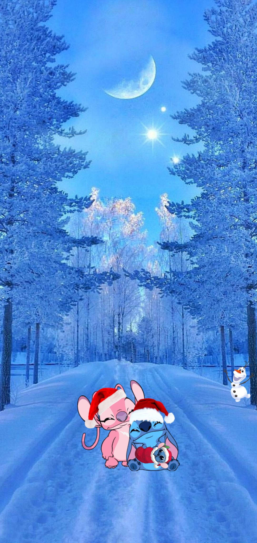 Stitch Disney 桌布 壁紙 — 兩個戴聖誕帽的卡通角色在雪徑上依偎，背景是新月和明亮的星星。