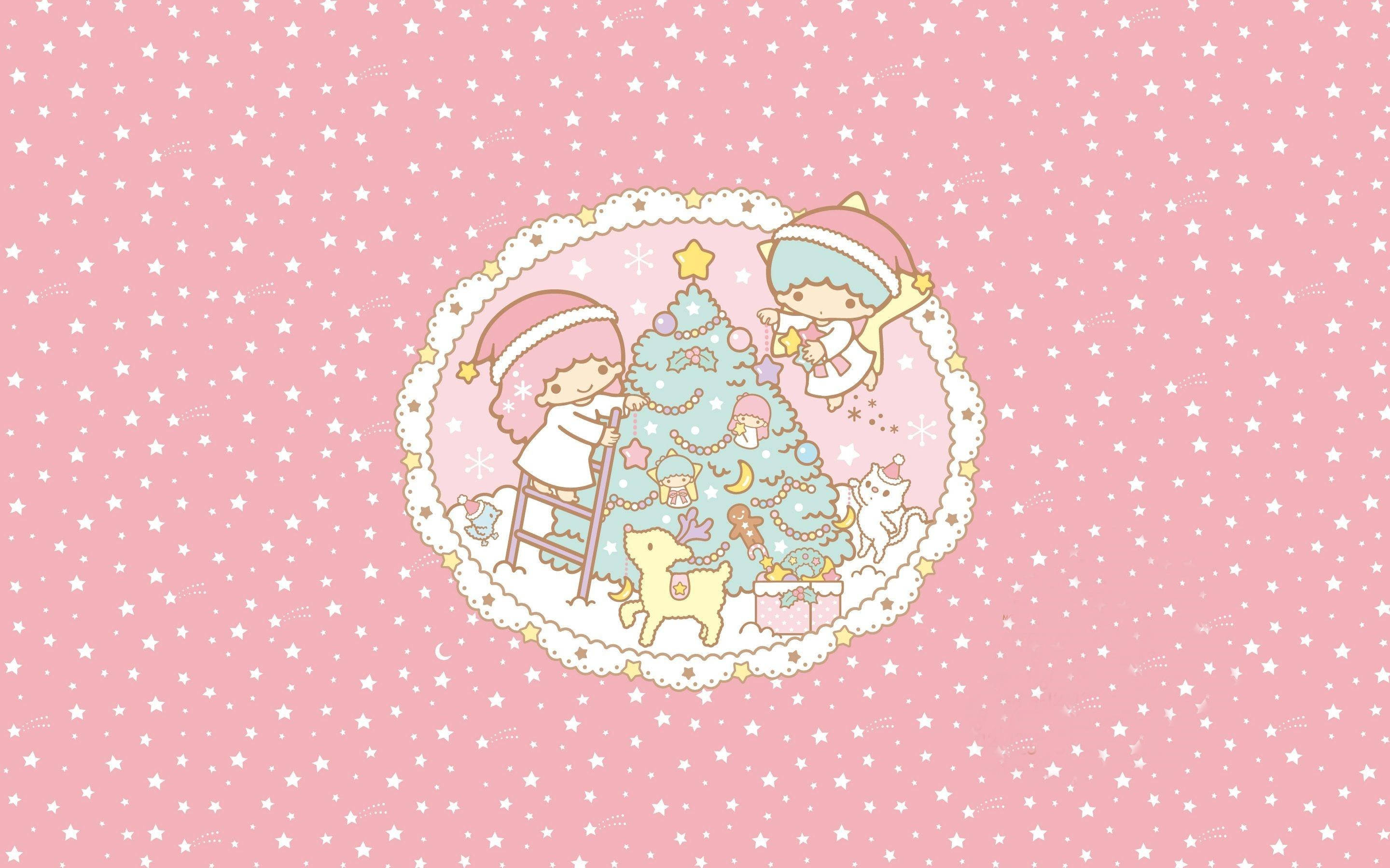 Kawaii Laptop 桌布 壁紙 — 兩個戴聖誕帽的可愛角色，在粉紅色星空背景下，用裝飾品和星星裝飾聖誕樹。