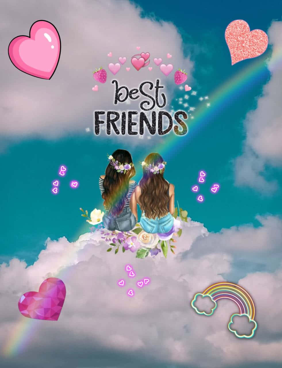 Bestie 桌布 壁紙 — 兩個戴花冠的女孩坐在彩虹下的雲上，心形和草莓在「最好朋友」文字周圍漂浮。