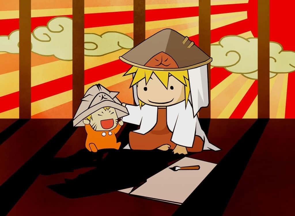 Funny Naruto 桌布 壁紙 — 兩個戴著傳統帽子的開朗動漫角色坐在榻榻米上，面前是一個充滿活力的紅黃色太陽光線屏幕。