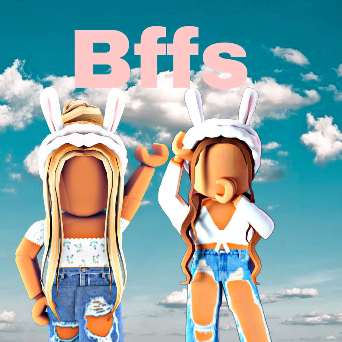 poster 桌布 壁紙 — 兩個戴著兔子帽的Roblox風格朋友在藍天白雲和粉紅色「Bffs」文字下開心地揮手。
