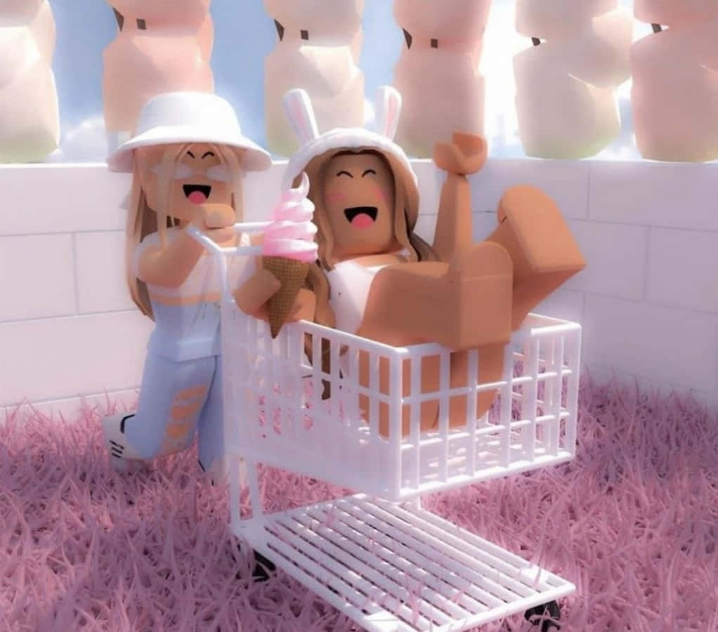 Aesthetic Roblox 桌布 壁紙 — 兩個戴著兔子帽的開心Roblox角色推著一輛裝有粉紅色冰淇淋甜筒的購物車穿過粉紅色草地。