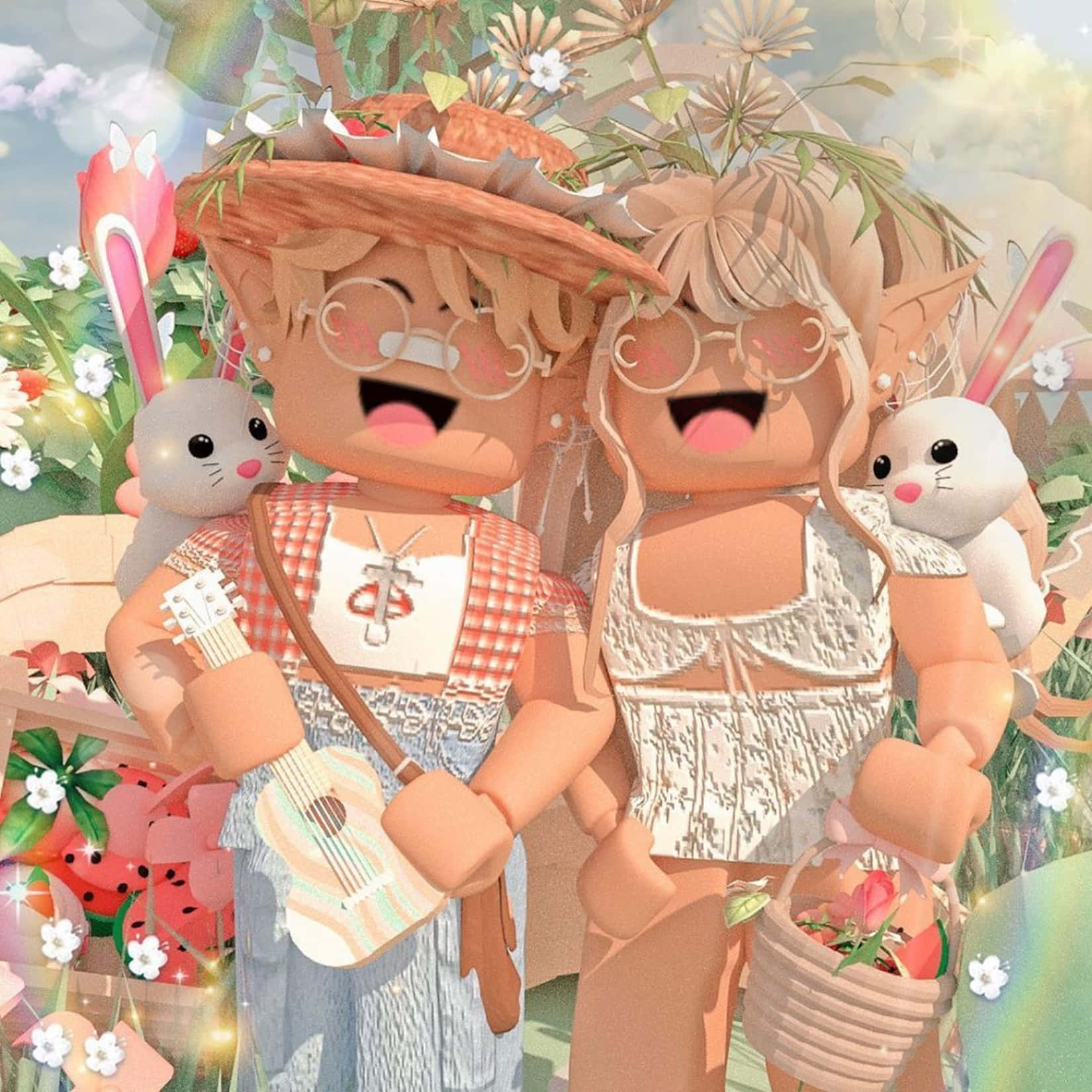 Roblox Gfx 桌布 壁紙 — 兩個戴著兔耳和花冠的快樂Roblox頭像在一個充滿鮮花和西瓜的奇幻花園中一起大笑。