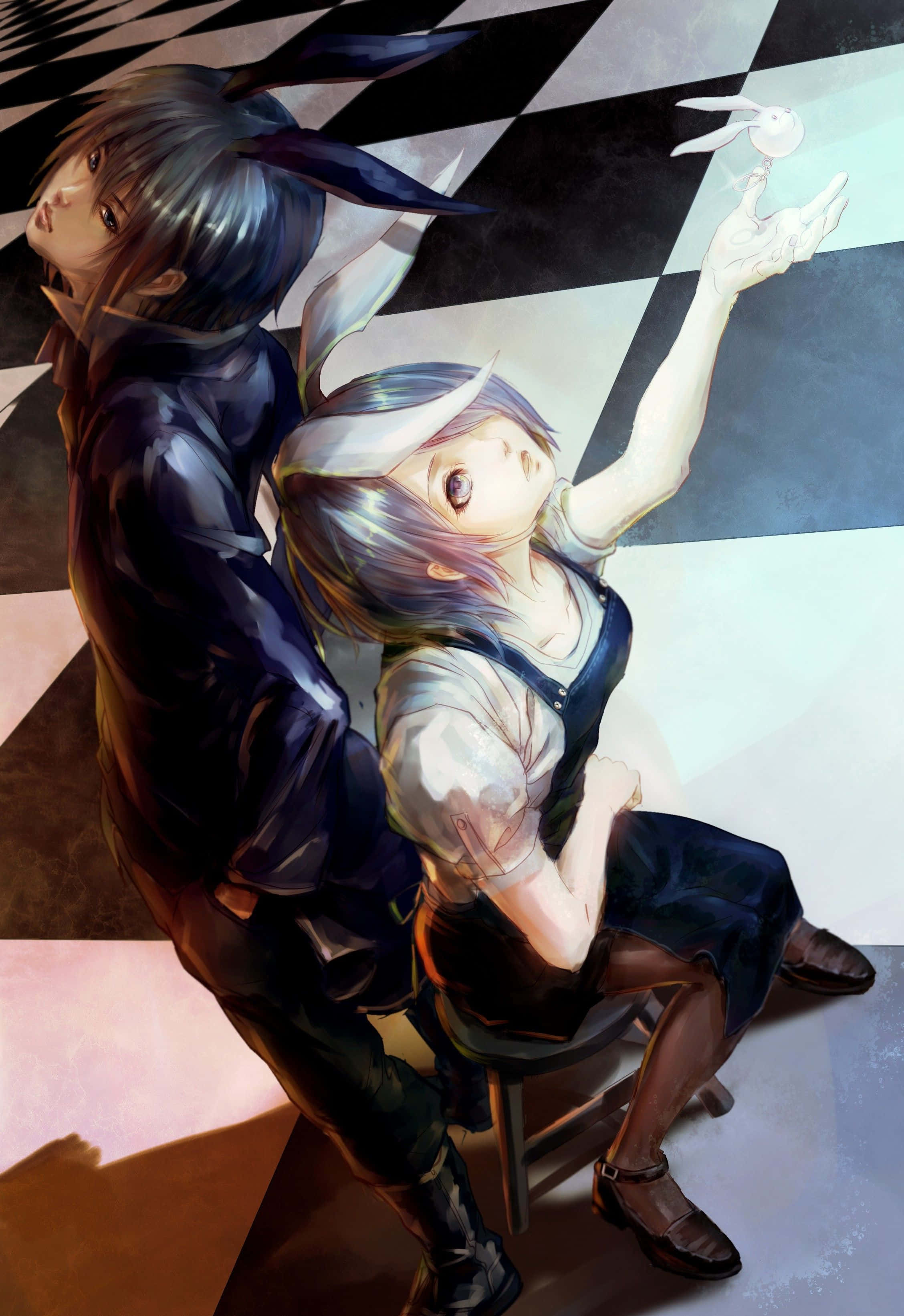 Ayato Kirishima 桌布 壁紙 — 兩個戴著兔耳朵的動漫角色站在棋盤格地板上，其中一個拿著發光的兔子公仔。