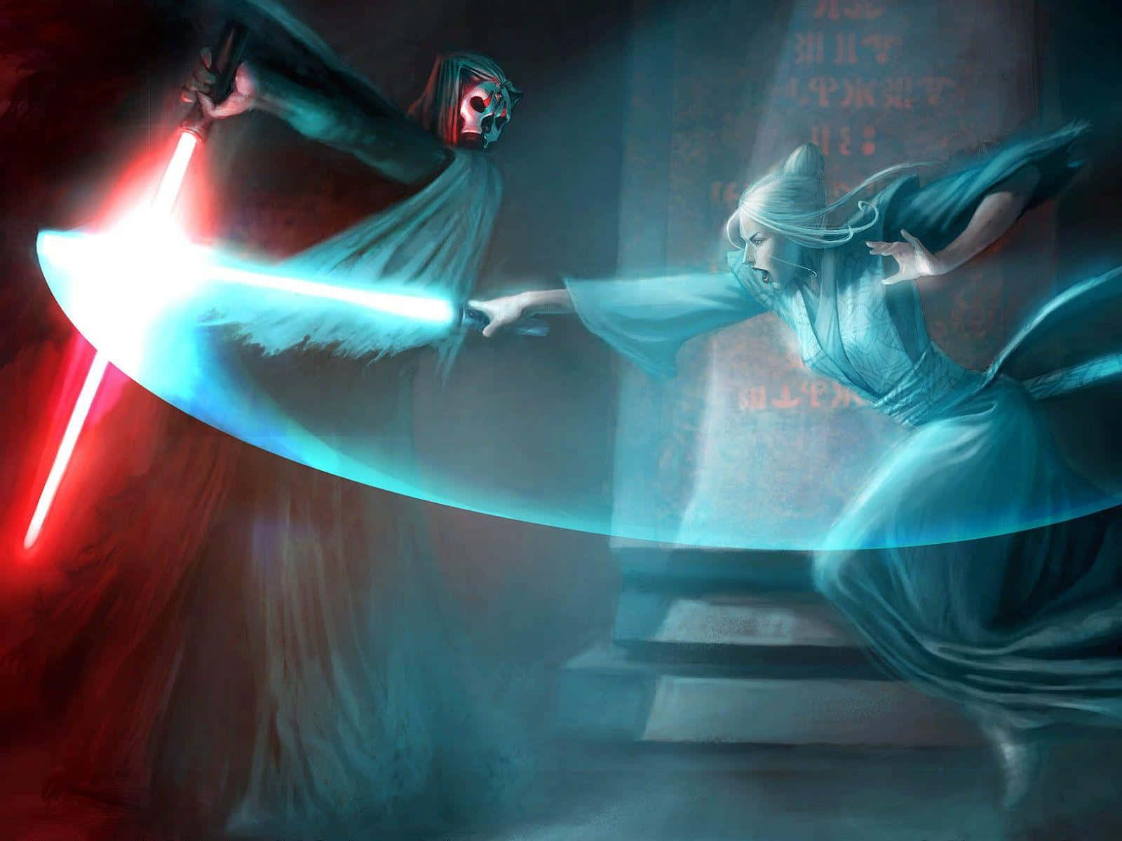 Lightsaber Duel 桌布 壁紙 — 兩個戴著兜帽的身影在昏暗的寺廟中交鋒，發光的紅色和藍色光劍在石階上投下戲劇性的光芒。