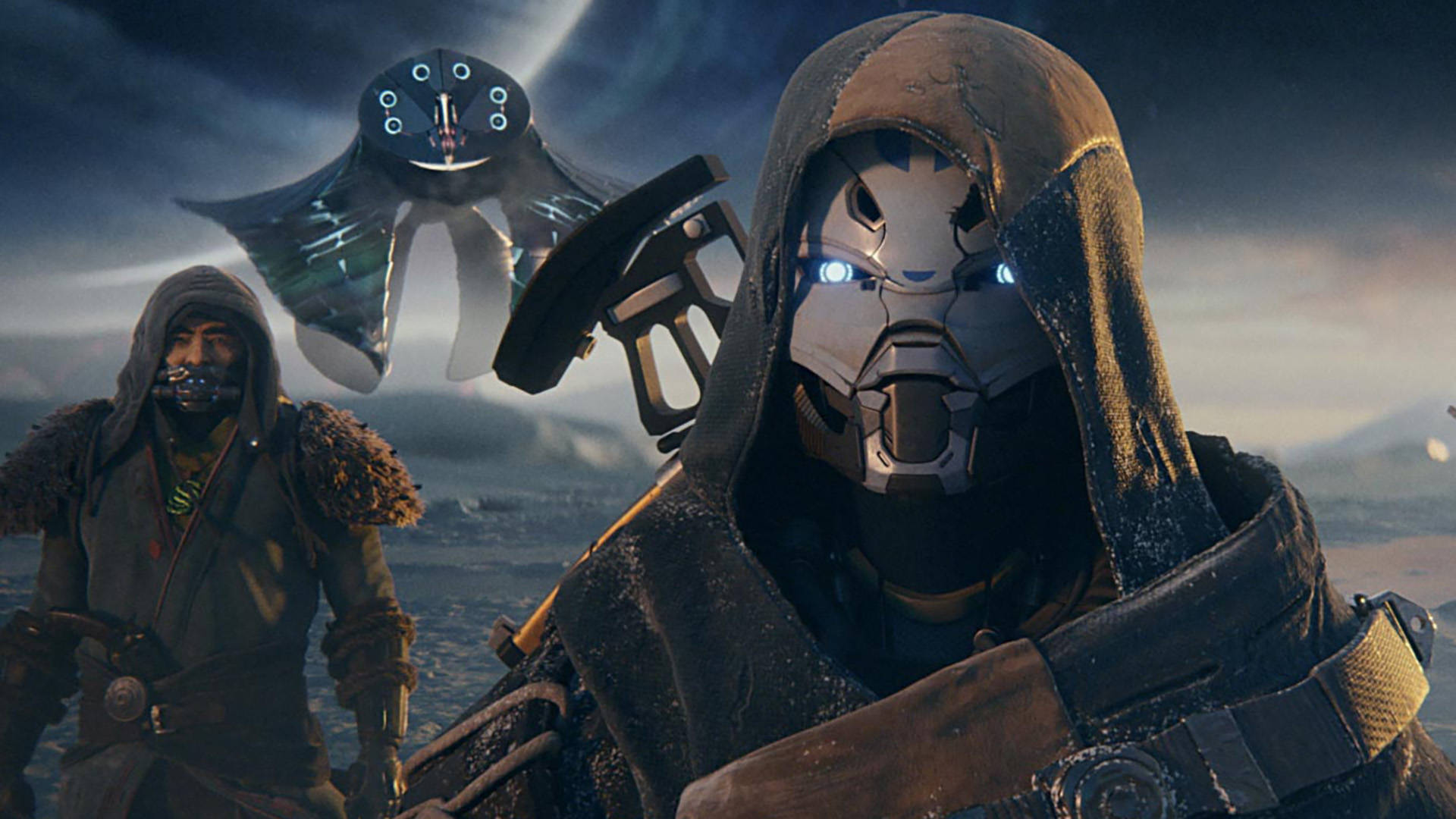 Destiny 2 Beyond Light 桌布 壁紙 — 兩個戴著兜帽的身影站在荒蕪的廢土上，暴風雨的天空下，一艘發光的外星飛船在他們上方盤旋。