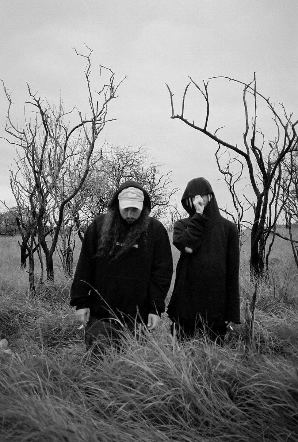suicideboys 桌布 壁紙 — 兩個戴著兜帽的身影莊嚴地站在高草叢中，周圍是光禿禿的骷髏般的樹木，天空陰沉。