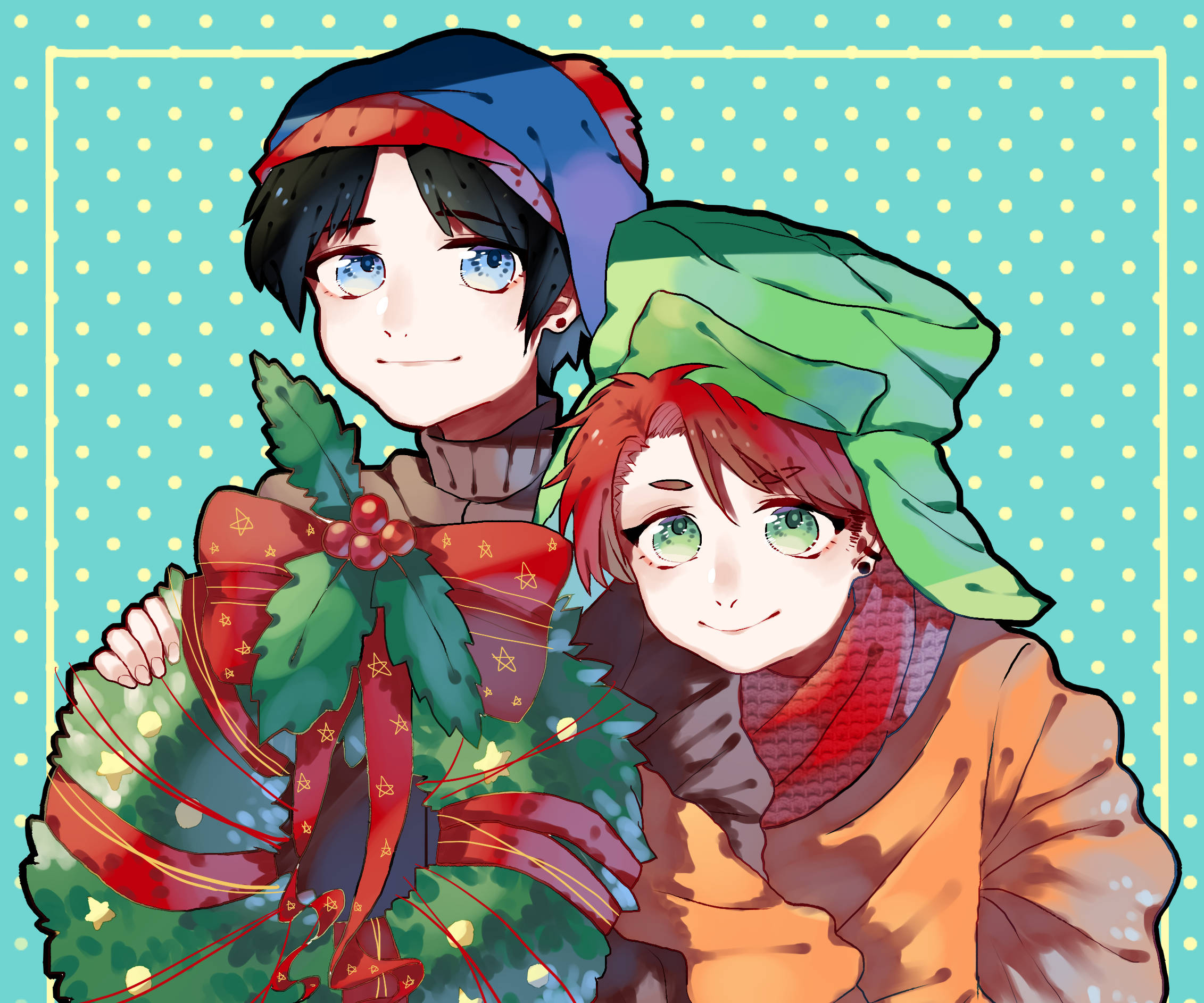 Kyle Broflovski 桌布 壁紙 — 兩個戴著冬帽的動漫角色，在圓點青綠色背景前，溫暖地微笑著手持節日花環。