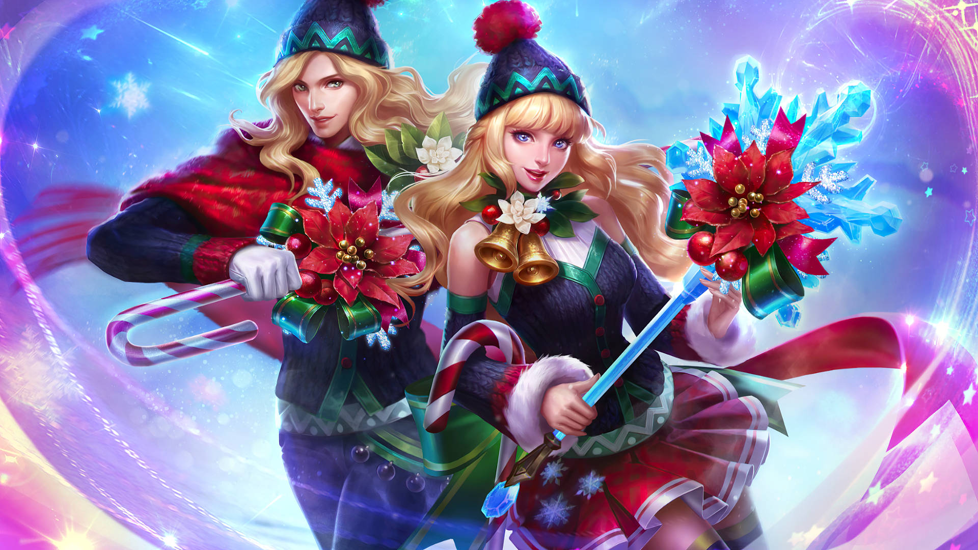 Mobile Legends 動態圖 桌布 壁紙 — 兩個戴著冬帽的節日動漫女孩，在閃爍的宇宙背景下拿著拐杖糖和聖誕紅。