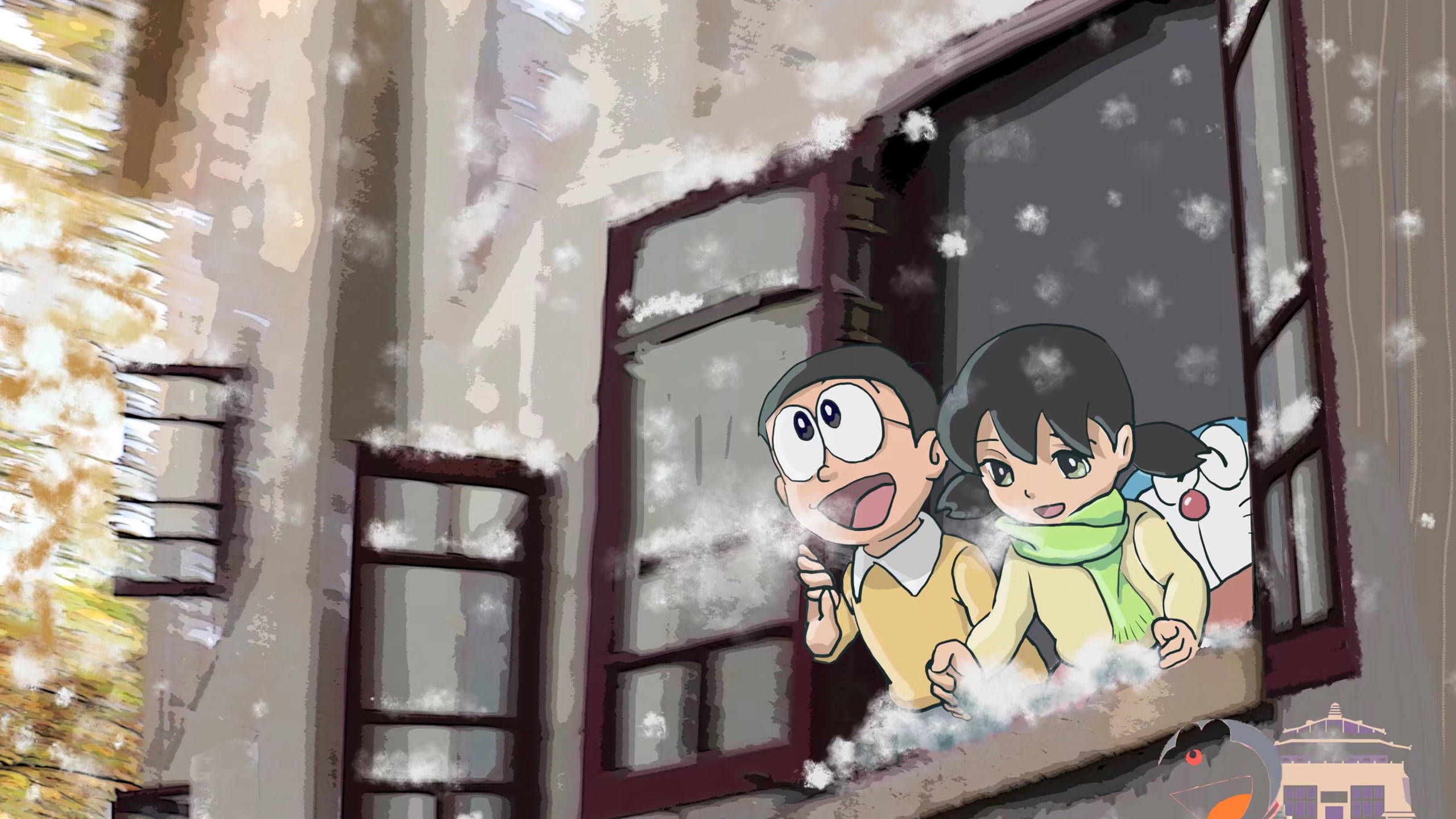 nobita shizuka love 桌布 壁紙 — 兩個戴著圍巾的動漫小孩從積雪的窗戶愉快地探出頭來，雪花飄過模糊的秋日街道。