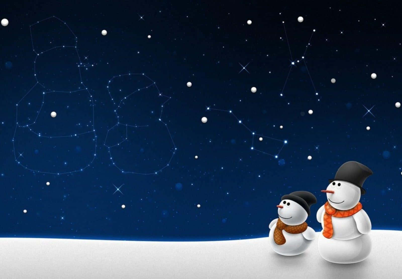 Winter Holiday 桌布 壁紙 — 兩個戴著圍巾的快樂雪人仰望星空，星座形成雪人形狀。