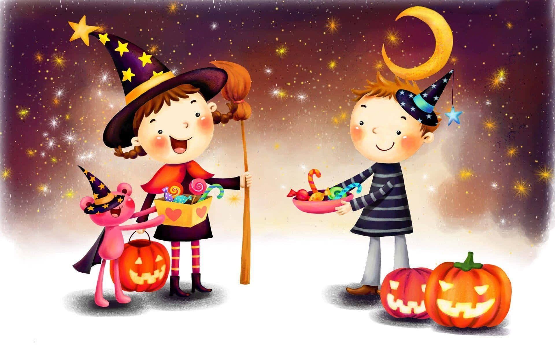 Trick-or-treaters 桌布 壁紙 — 兩個戴著巫師帽的笑臉孩子在星空下交換糖果，背景有一彎新月。