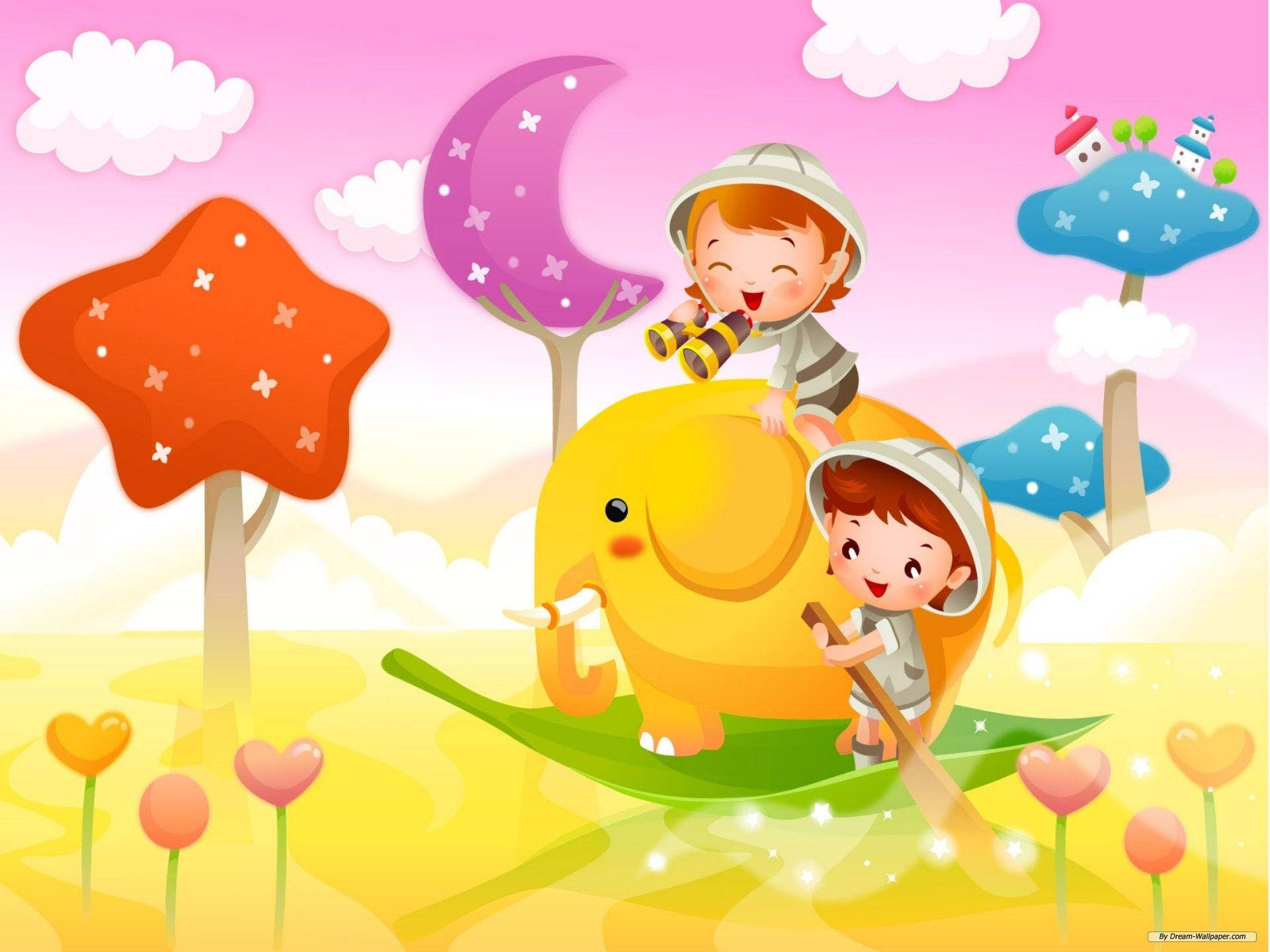 小孩動圖 桌布 壁紙 — 兩個戴著探險帽的微笑孩子騎著一頭黃色大象，坐在葉子船上，穿過一個有星星樹和彎月的夢幻景觀。