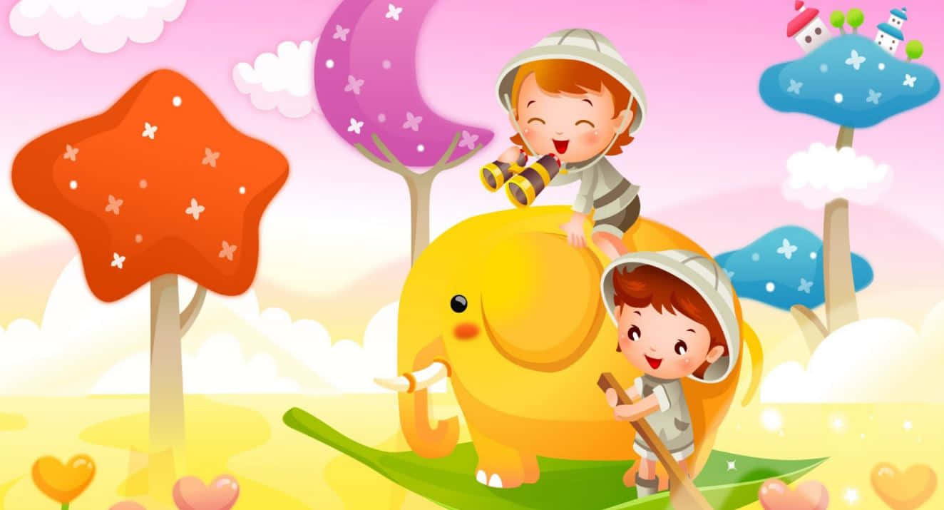 Cute Cartoon 桌布 壁紙 — 兩個戴著探險帽的笑臉孩子騎著一頭黃色大象，穿過一個有星星樹和彎月的夢幻景觀。