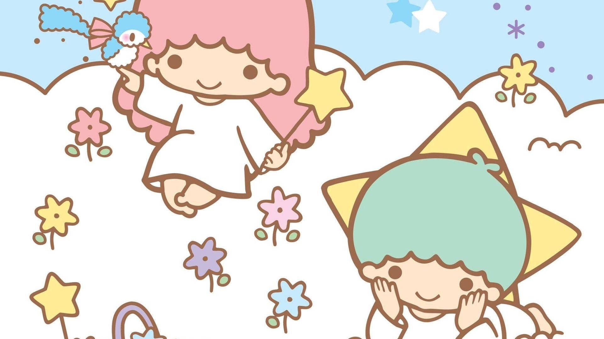 Twin 桌布 壁紙 — 兩個戴著星星形狀帽子的可愛卡通小孩在星空下漂浮在雲朵和花朵之間。