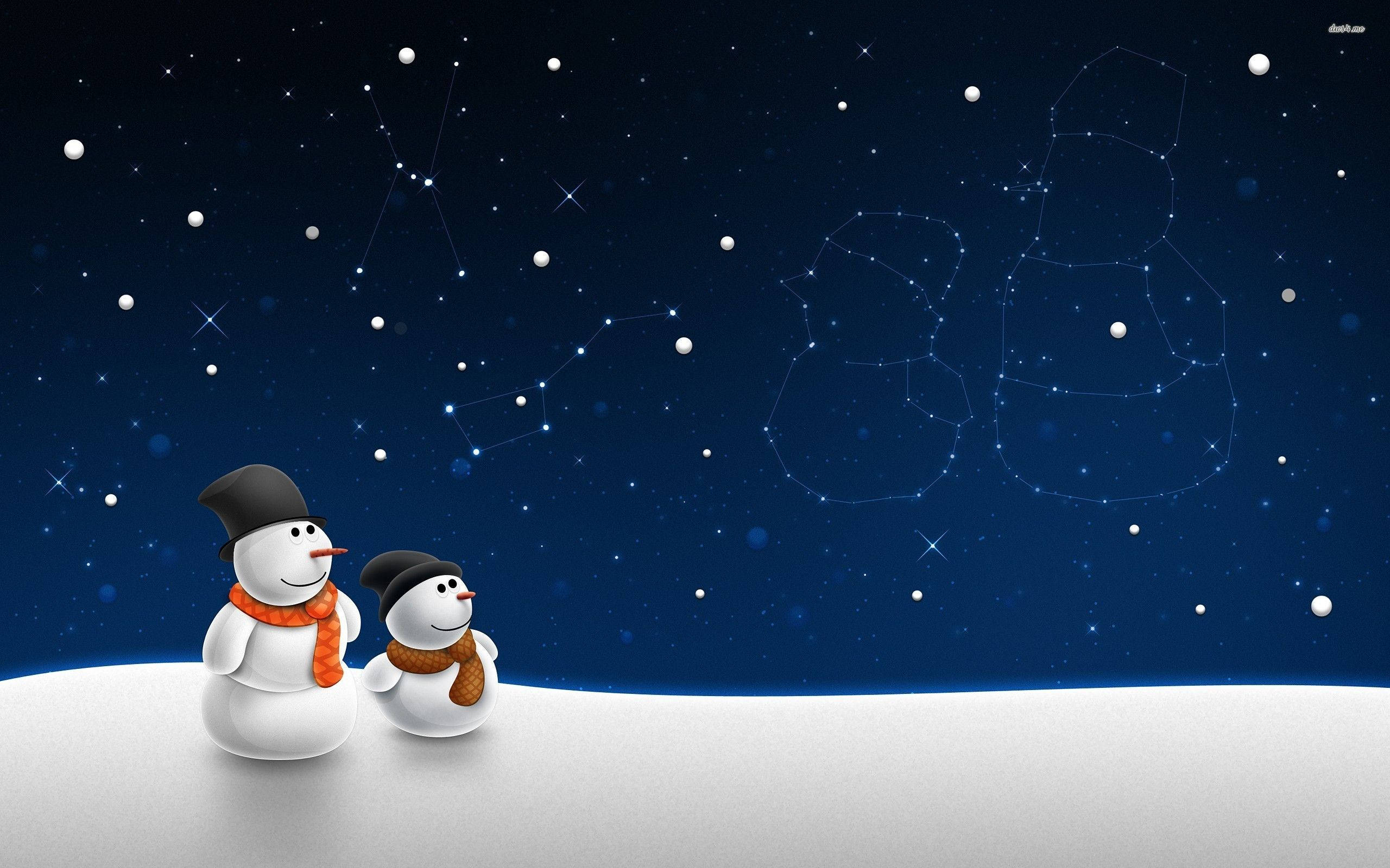 雪人 桌布 壁紙 — 兩個戴著橙色圍巾的快樂雪人仰望星空，星座形成雪人形狀。
