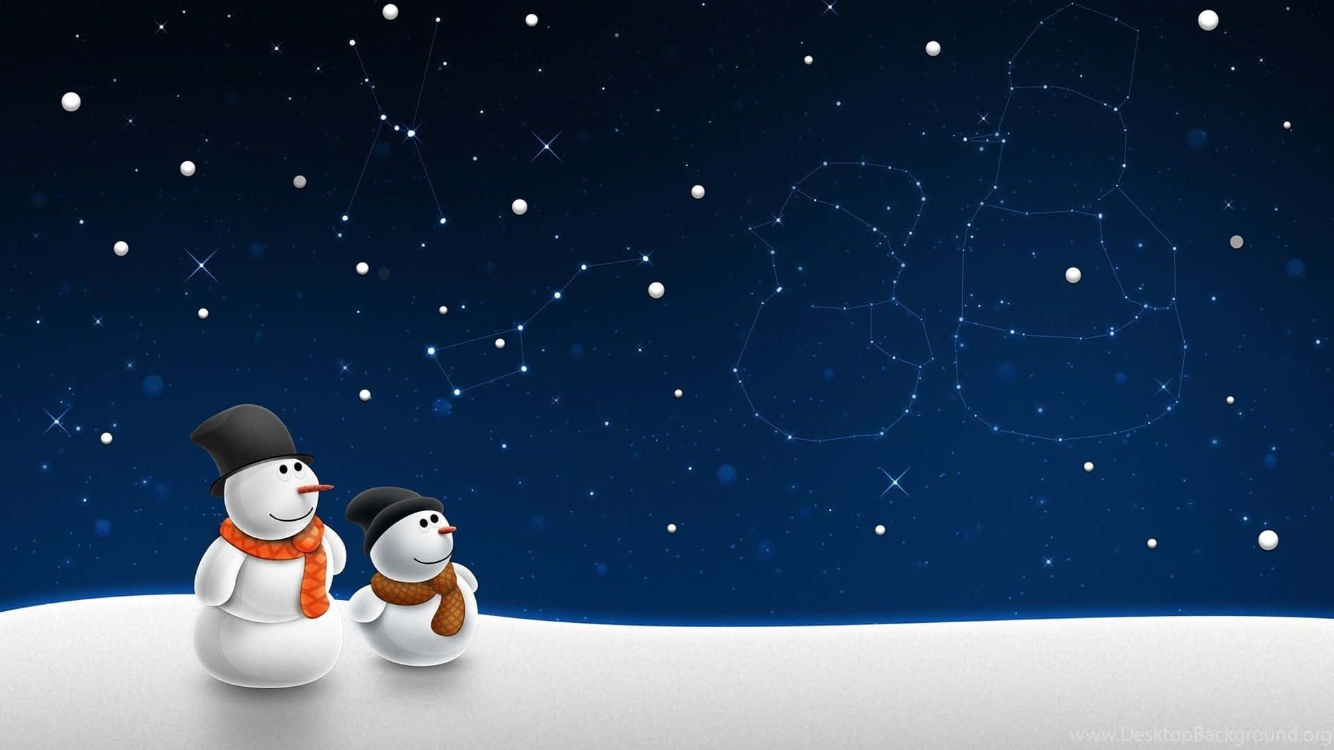 Christmas Snowman 桌布 壁紙 — 兩個戴著橙色圍巾的快樂雪人仰望星空，夜空中有雪人形狀的星座。