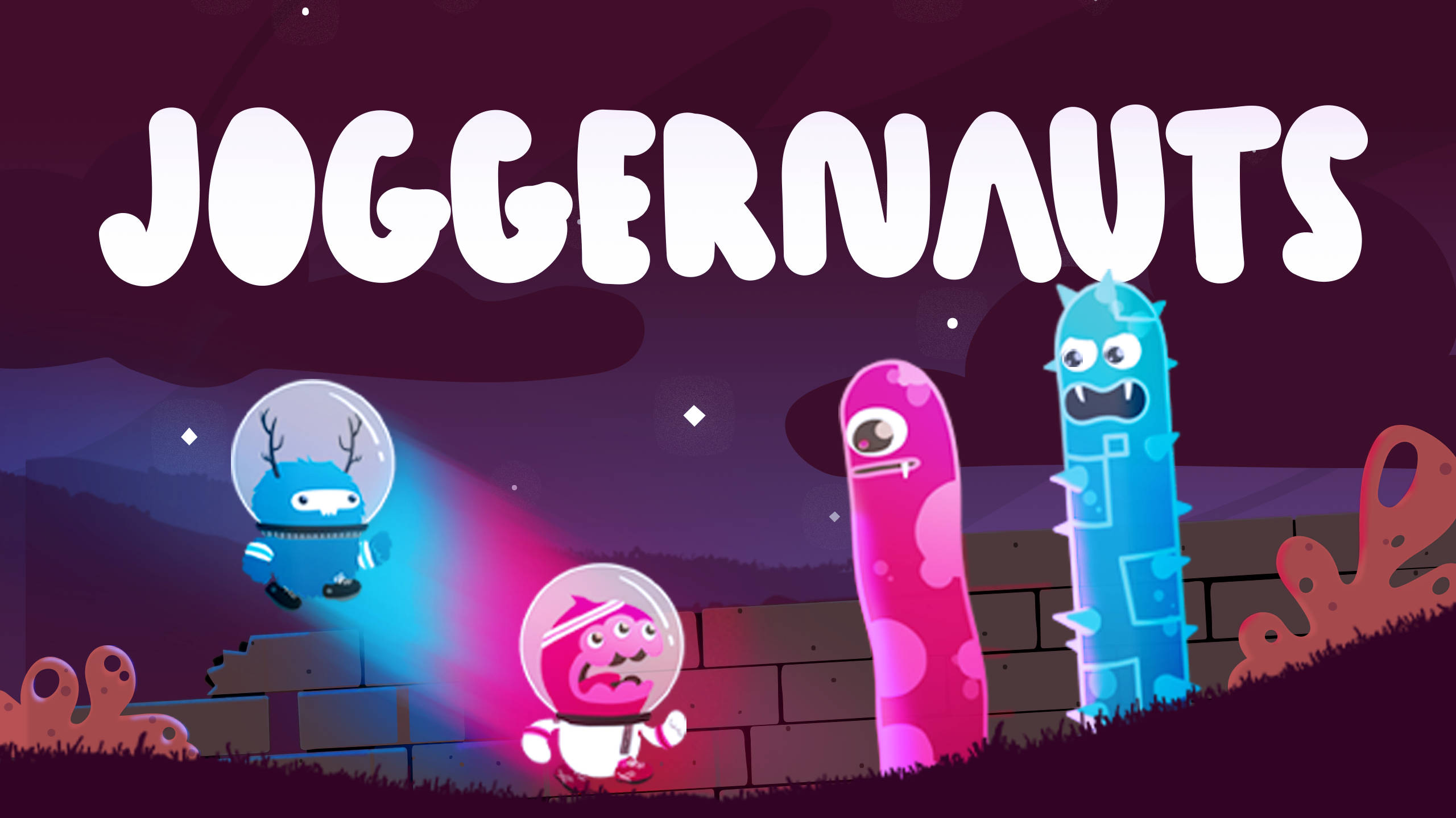 Joggernauts 桌布 壁紙 — 兩個戴著泡泡頭盔的卡通太空人在滿天星斗的紫色天空下慢跑經過色彩繽紛的外星生物。