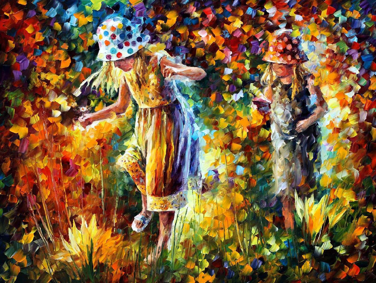 Painting 桌布 壁紙 — 兩個戴著波點帽的孩子在萬花筒般的天空下，歡快地穿過一片充滿活力、質感豐富的金色野花田。