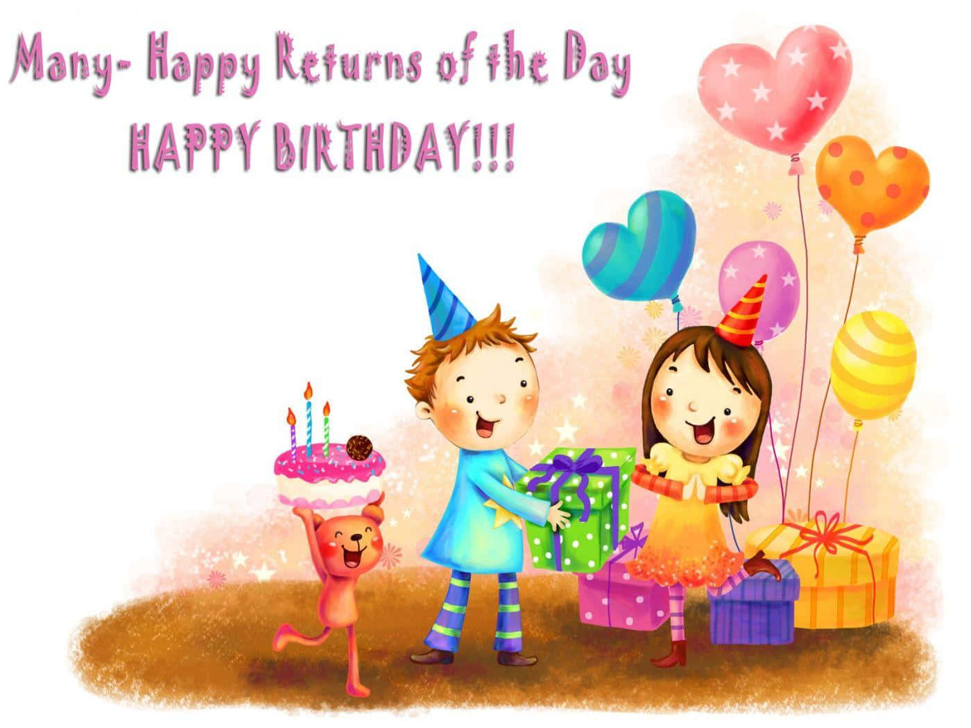 Birthday Wishes 桌布 壁紙 — 兩個戴著派對帽的快樂孩子，用禮物、氣球和蛋糕慶祝，一隻頑皮的猴子拿著生日蛋糕。