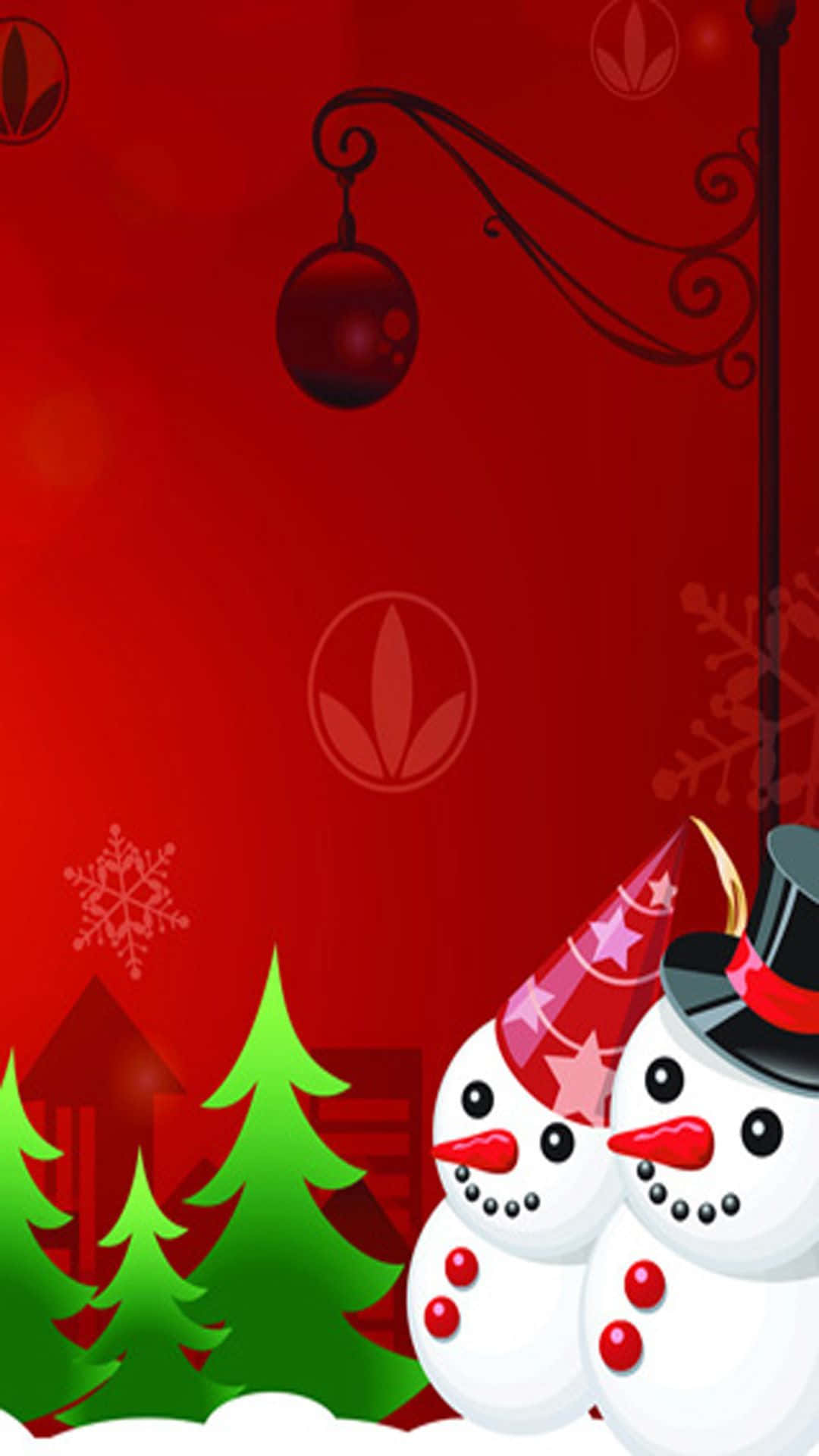 聖誕節手機 桌布 壁紙 — 兩個戴著派對帽的快樂雪人站在綠色松樹旁，背景是帶有懸掛裝飾的節日紅色背景。