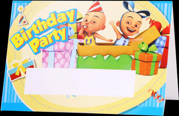 Upin Ipin 桌布 壁紙 — 兩個戴著派對帽的開心卡通男孩從一個紙箱裡跳出來，周圍是色彩繽紛的禮物和節日裝飾。