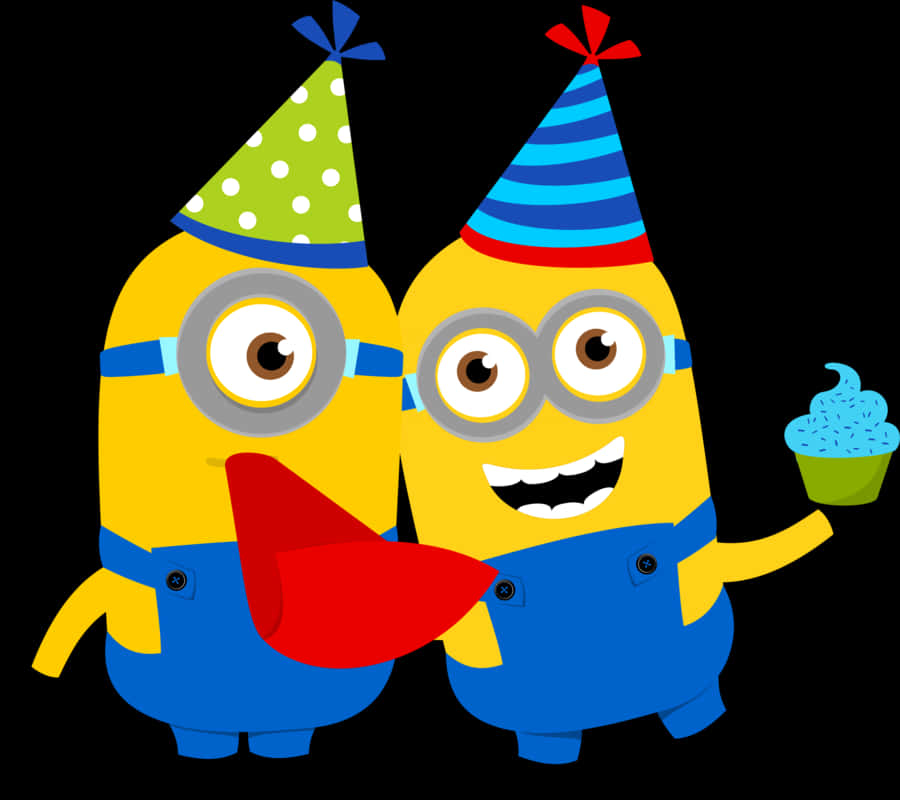 Minion Clipart 桌布 壁紙 — 兩個戴著派對帽的開心黃色小小兵，一個拿著杯子蛋糕，另一個在黑色背景前吹紅色氣球。