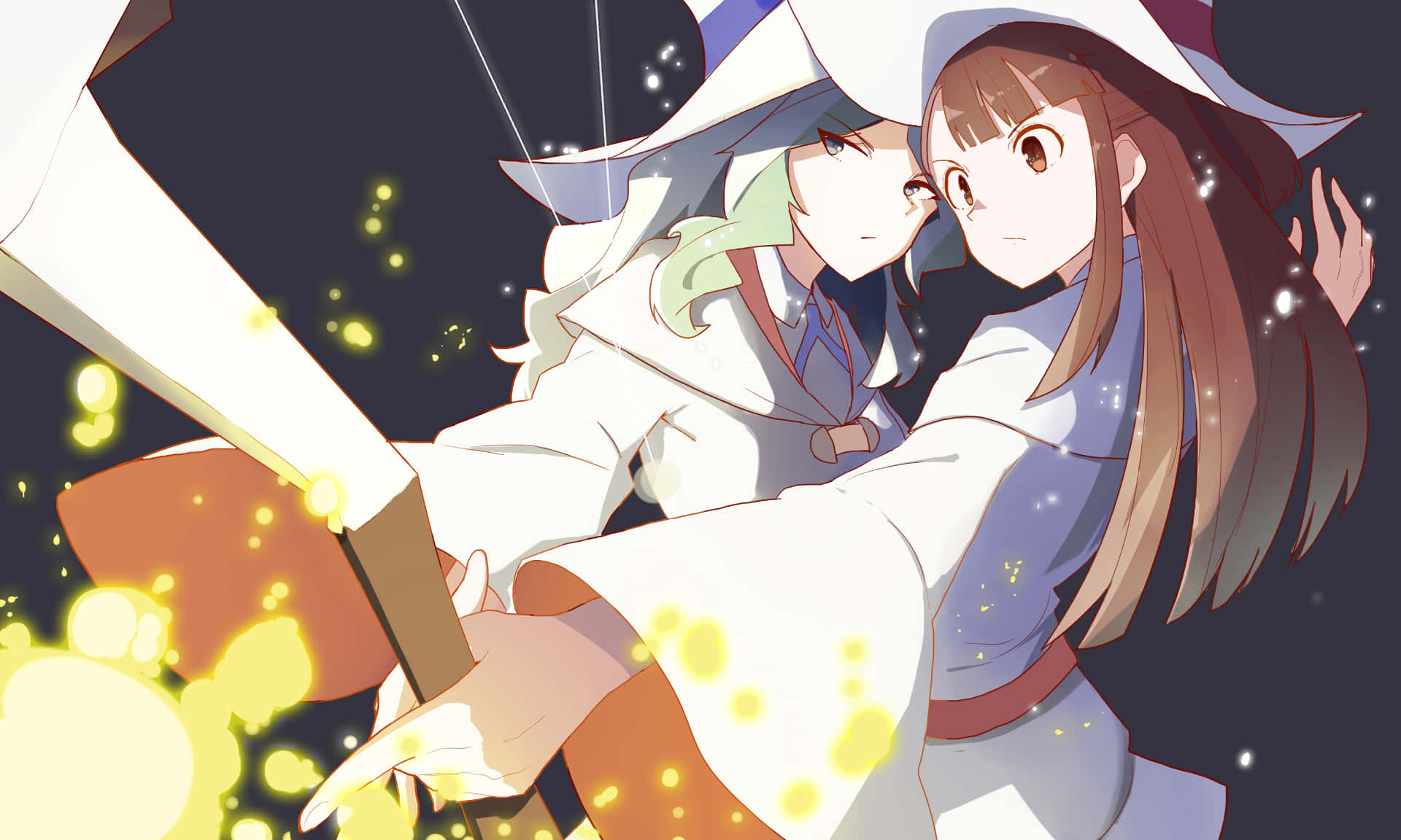 動漫女孩 桌布 壁紙 — 兩個戴著白色巫師帽的動漫女孩在黑暗的星空夜空下揮舞著發光的魔法杖。