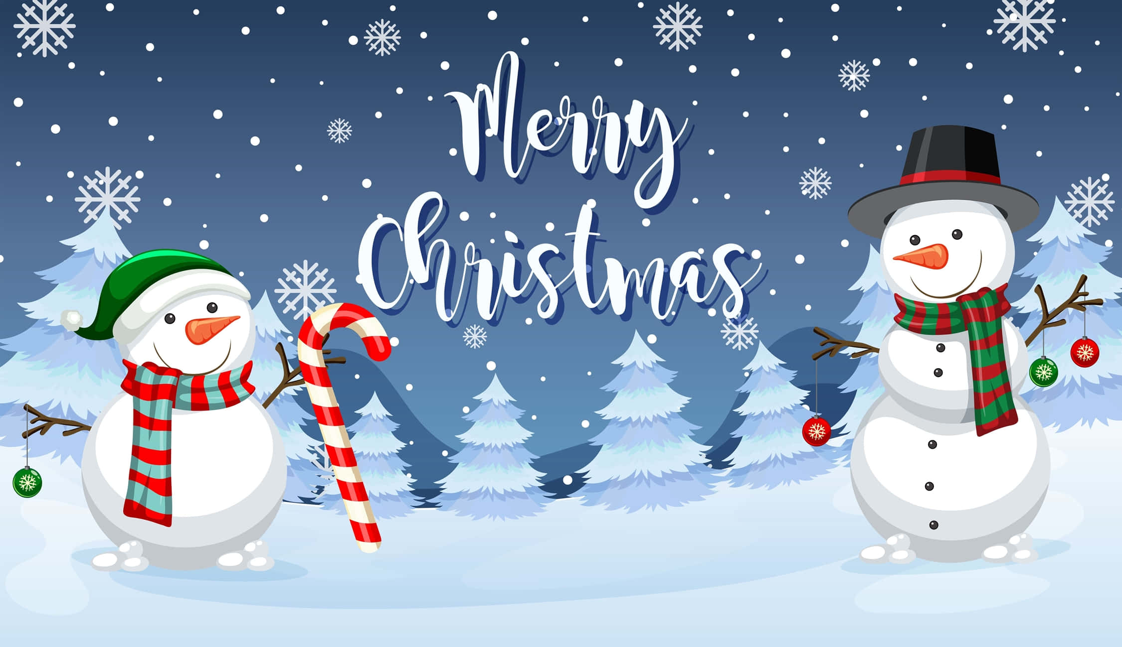 Christmas Snowman 桌布 壁紙 — 兩個戴著節日帽子和圍巾的快樂雪人站在雪落的森林中，並有『聖誕快樂』文字。